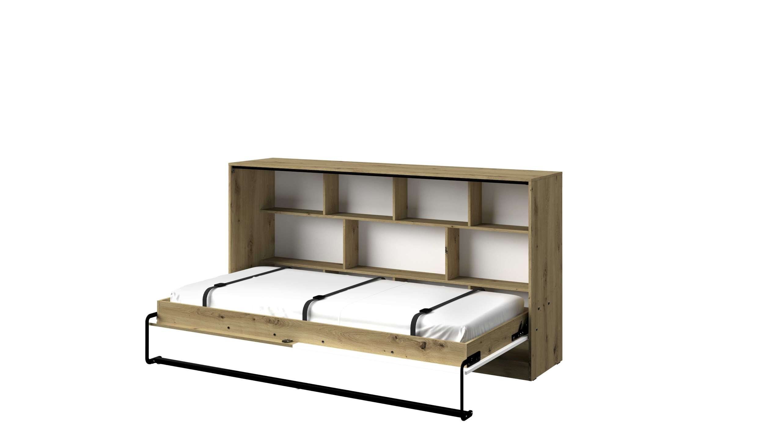 Stylefy Jugendbett Narin II (Schrankbett, Bett), 90x200 cm, klappbar, mit Regal und Matratze, für Jugend Eiche Artisan Dekor - Weiß Matt - Grau Matt