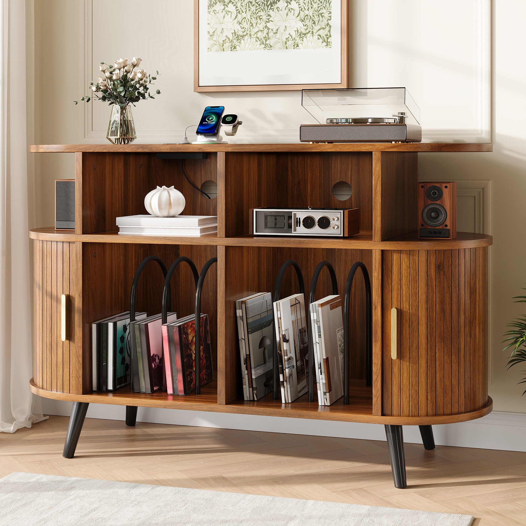 Merax Sideboard mit 2 Riffel-Schiebetüren, Eisenfüße, Aluminiumgriffe & Stauraum (1 St., 110 x 40 x 76 cm), Plattenschrank ovales Kommode …