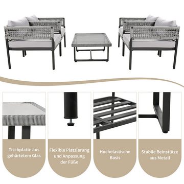 OKWISH Gartenlounge-Set Gartenmöbel-Set, (Gartenmöbel-Set aus Seil, 4-tlg., inklusive aller Sitz- und Rückenkissen), mit verzinktem Eisenrahmen,verstellbare Füße,glatte Glastischplatte