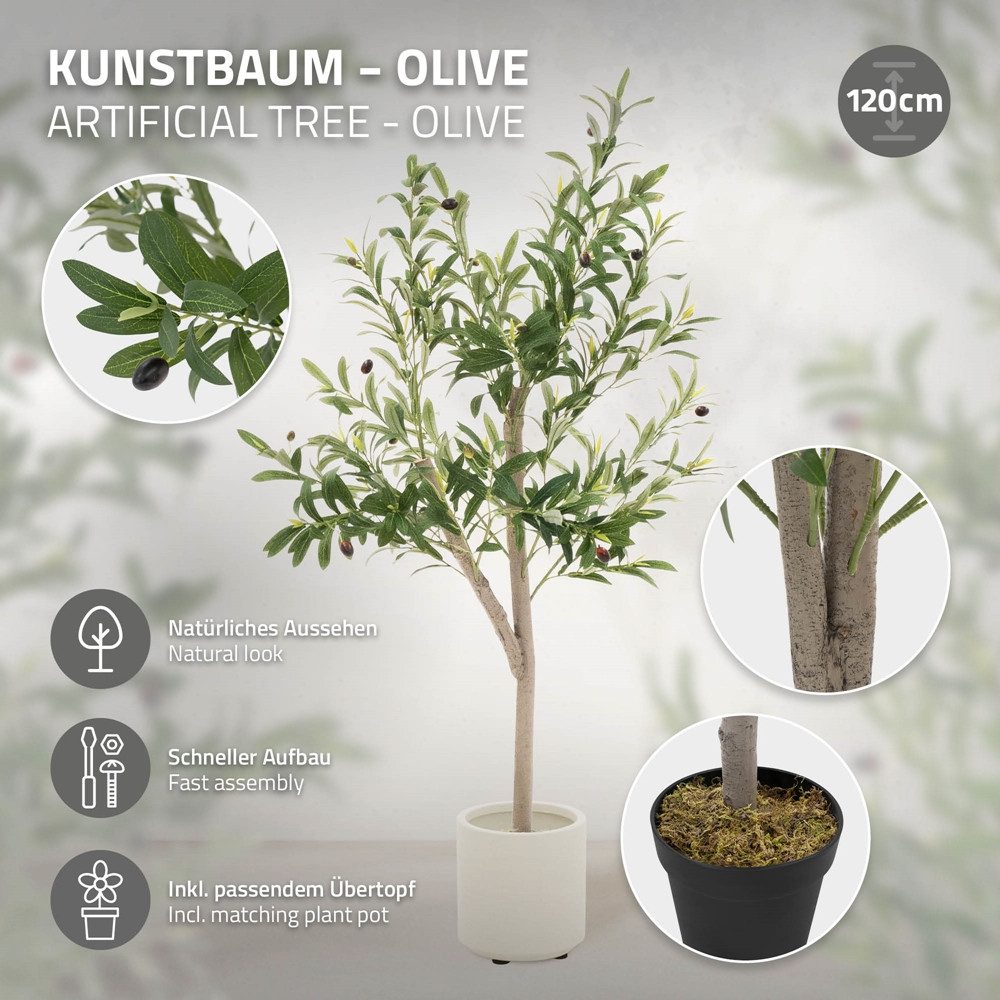 Kunstpflanze Künstliche Pflanze für Wohnräume & Garten dekorative Zimmerpflanze, ML-DESIGN, Höhe 120 cm, Kunstbaum Olive für Innen & Außen mit Echtem Moos & Echtholzstamm