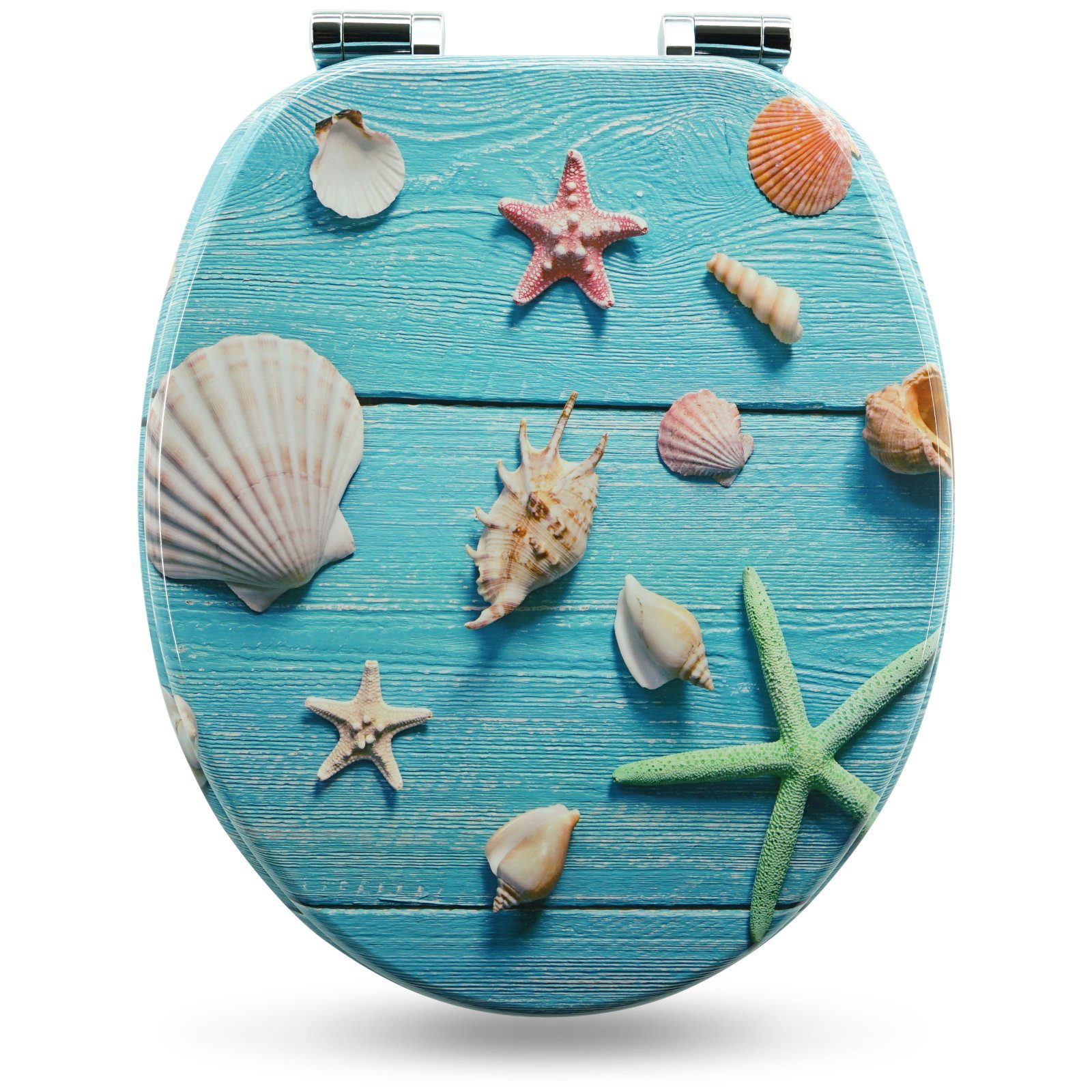 Sanfino WC-Sitz "Blue Star" Premium Toilettendeckel mit Absenkautomatik aus Holz, mit schönem Strand-Motiv, hohem Sitzkomfort, einfache Montage