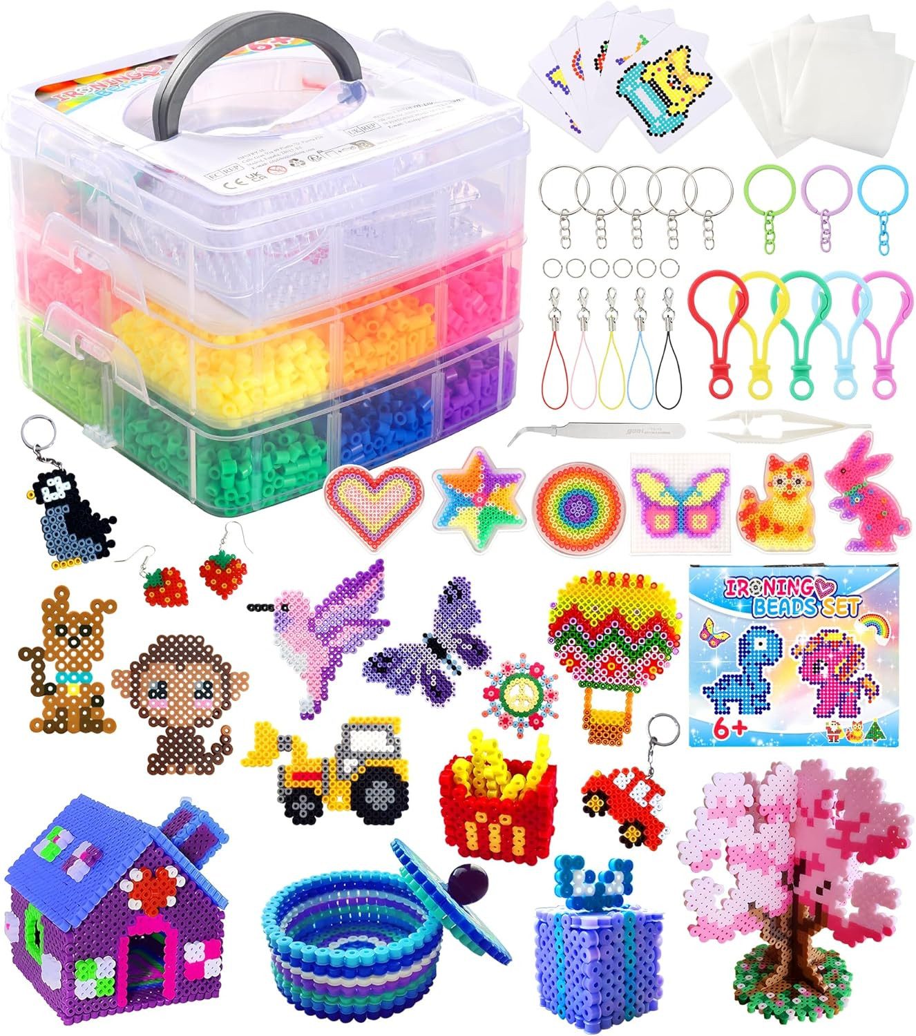 POPOLIC Kreativset Bügelperlen Set, 10000+ Stück 5mm Bügelperlen, (mit Dreilagiger Aufbewahrungsbox, 6 Bügelperlen Platten, 16 Muster, 5 Bügelpapiere, 20 Farben DIY Bügelperlen), 3D für Kinder Geschenk Bastelideen