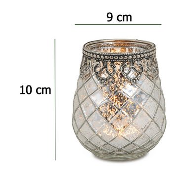 matches21 HOME & HOBBY Kerzenhalter Vintage Kerzenglas als Windlicht Laterne silber in 9 x 10 cm, Moderner Glas Kerzenhalter als Wohnzimmer Balkon Hochzeit Tisch-Deko