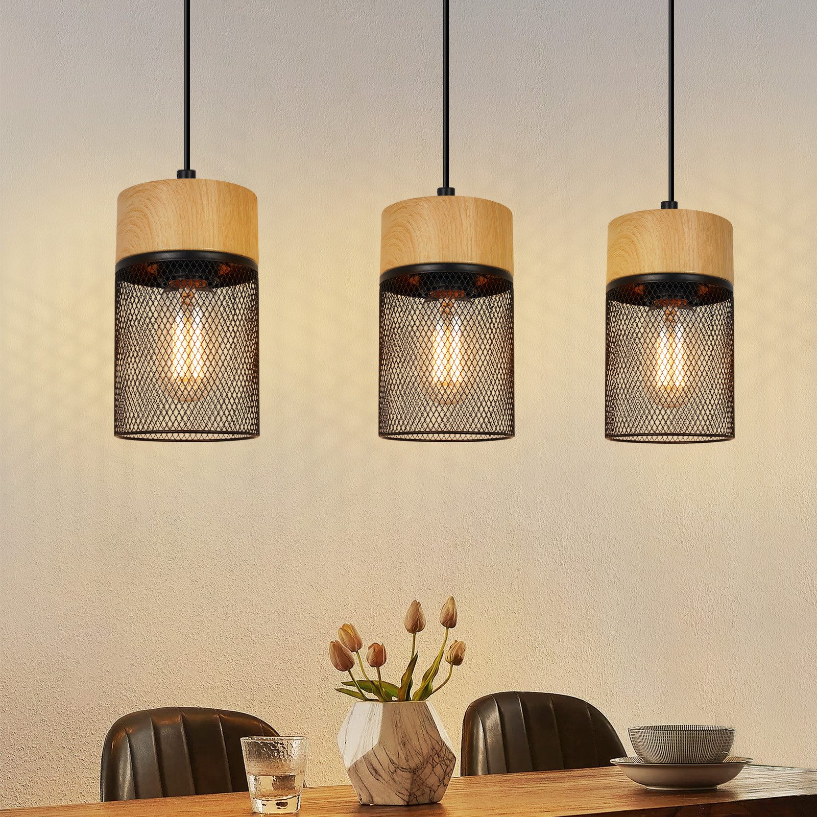 Nettlife Hängeleuchte Vintage Holzmaserung Esstisch Schwarz Industrial E27 25W Pendelleuchte, Höhenverstellbar, LED wechselbar, Esstischlampe für Schlafzimmer Küche Bar Flur
