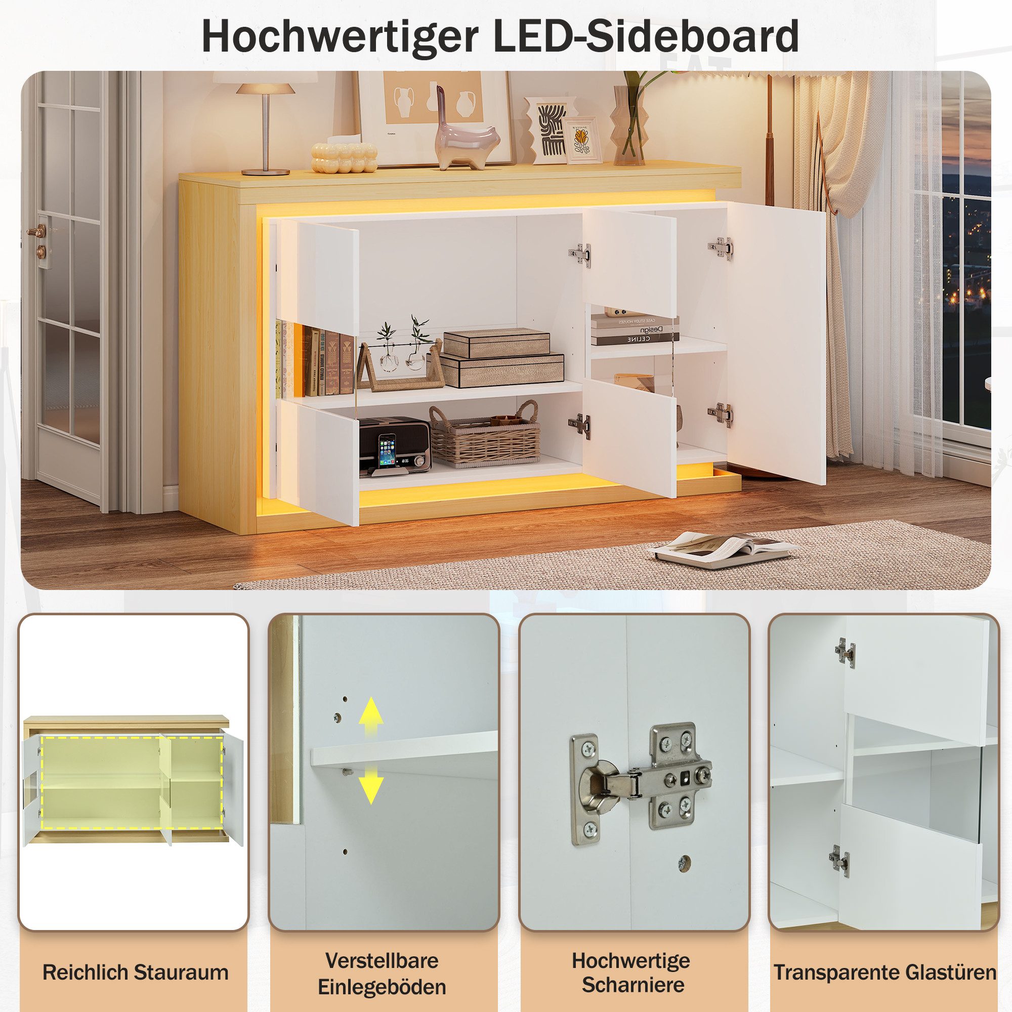STILVORA Sideboard Hochglanz-Wohnzimmerschrank Kommode für Flure, Wohnzimmer, Büros (mit LED, 3 Türen, Glas, 4 Fächer, modern, 140×40×84cm, Hochglanz, Glasfront, mehrschichtig, verstellbar), LED mit Fernbedienung, gehärtetes Glas, stabil, pflegeleicht