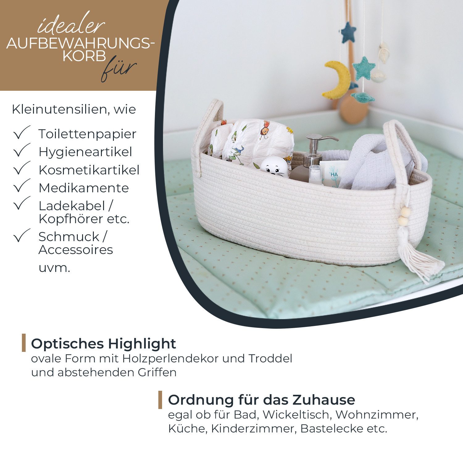 HMF Aufbewahrungskorb Aufbewahrungskorb Badezimmer, Korb für bis zu 3 Rollen Toilettenpapier, handgenäht aus Baumwolle, Badezimmerkorb, 38,5 x 15,5 x 14 cm, Creme