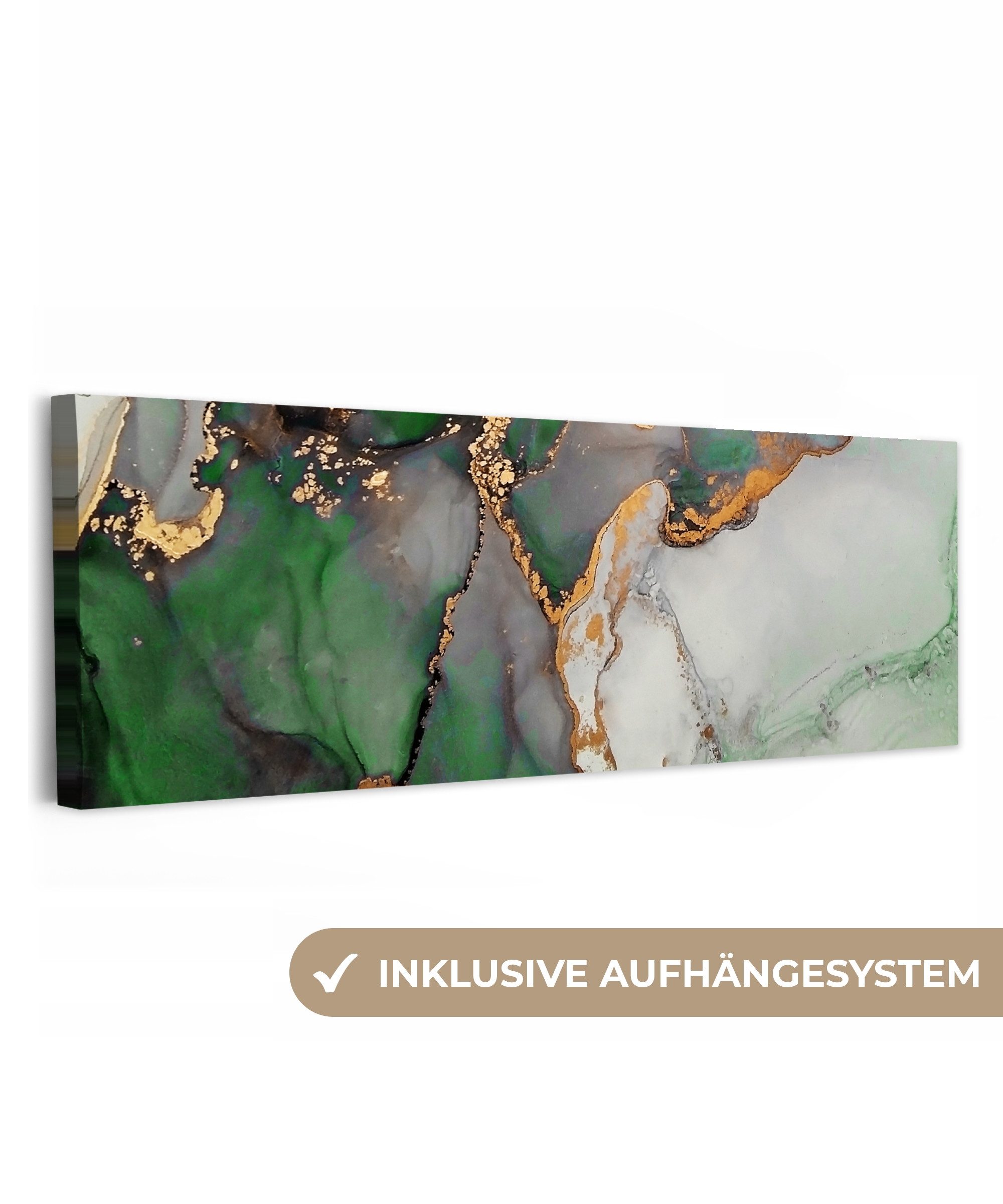 OneMillionCanvasses® Leinwandbild Panorama Marmor - Gold - Grün - Luxus, Fotodruck (1 St), Wandbild, Deko Schlafzimmer Wohnzimmer Flur 60x20 cm
