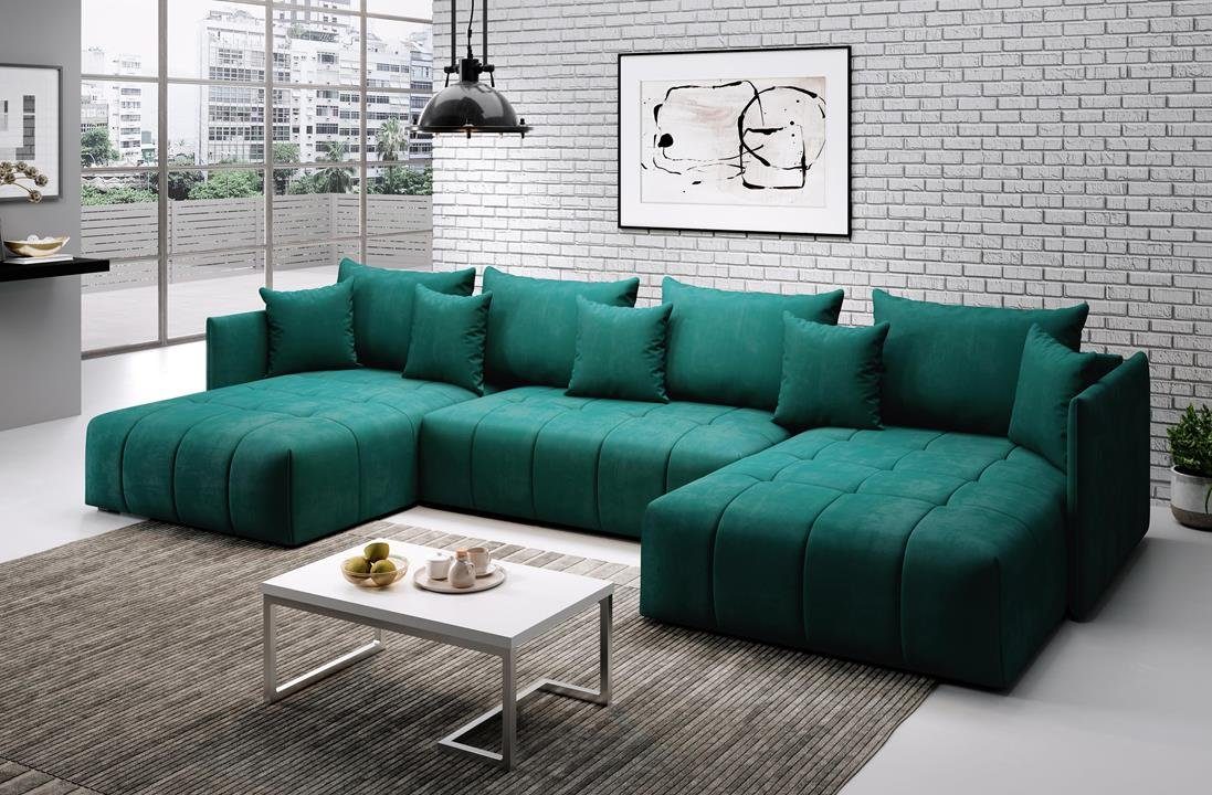 Furnix Ecksofa U-Form-Sofa ASVIL mit Schlaffunktion und Bettkasten, Farbauswahl, B353 x H80 x T180 cm, Made in Europe Grün MH37