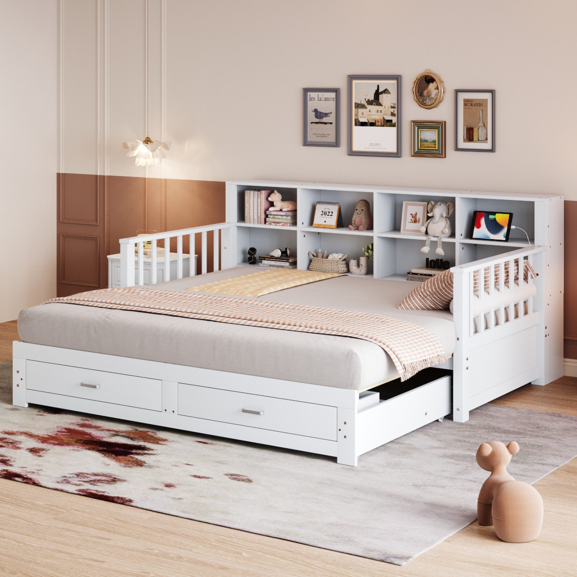 Odikalo Ausziehbett Schlafsofa Daybett Stauschrank USB 2 Schubladen 90/180x190cm Weiß/Grau