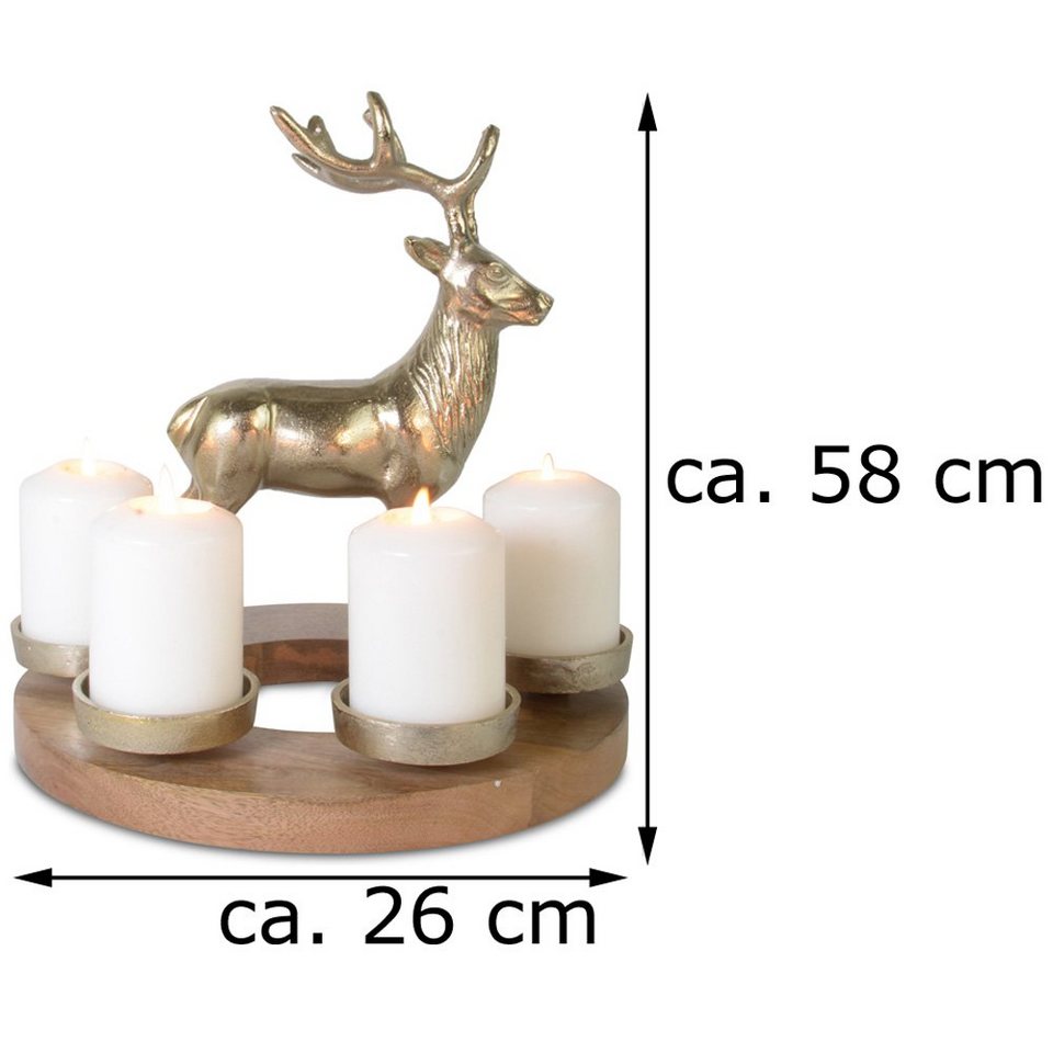 RIFFELMACHER & WEINBERGER Adventskranz Weihnachtsdekoration mit großem  Hirsch Ø 26 cm 24205, Gold - Holz Metall Kerzenhalter