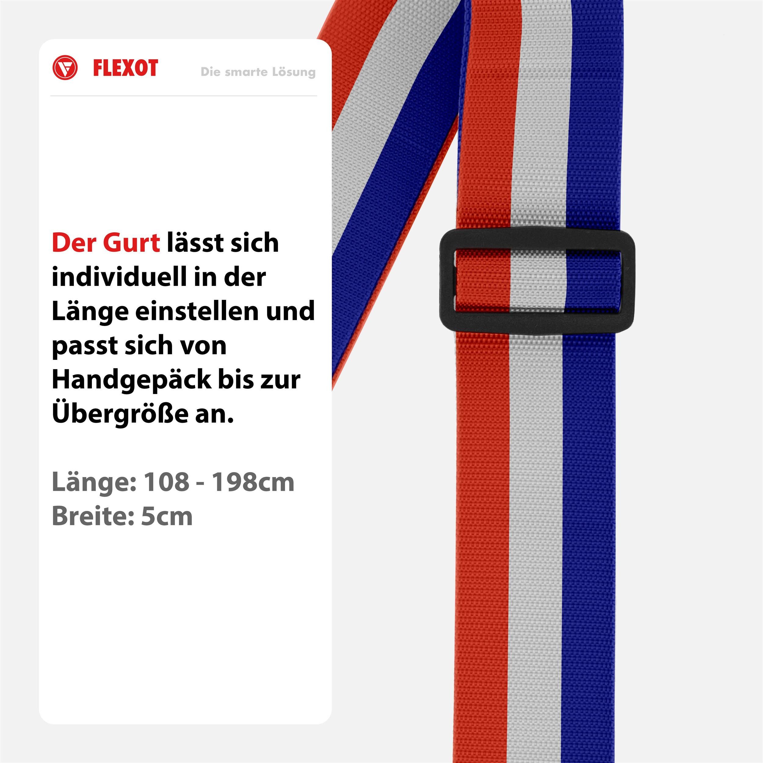 Flexot Koffergurt Koffergurt mit Zahlenschloss & TSA, verstellbare Länge, Namensschild, Flexibel anpassbarer und stabiler Gurt mit praktischer Schnalle