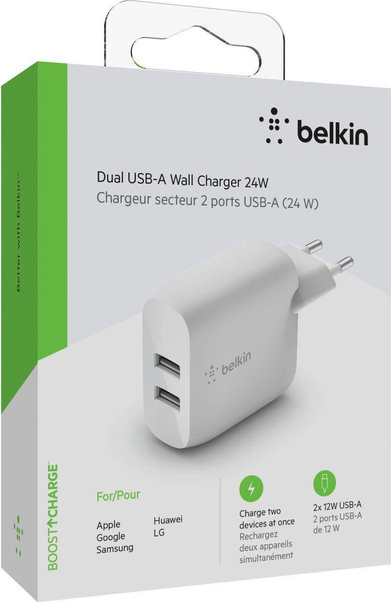 Belkin BOOSTCHARGE 24 W USB-A-Netzladegerät mit zwei Anschlüssen Smartphone-Ladegerät (für Samsung Galaxy, Apple iPad / iPhone, Google Pixel)