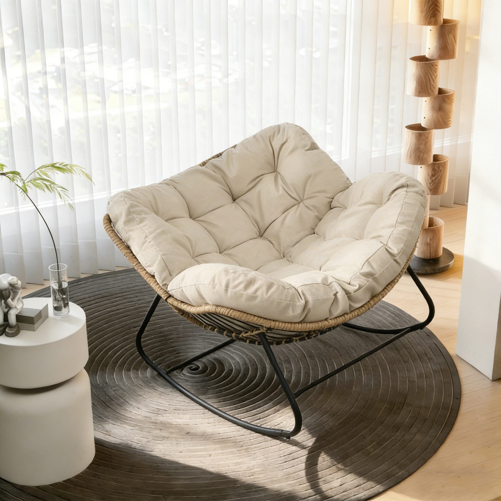 TWSOUL Schaukelsessel mit gepolstertem Kissen, Rattanstuhl Stahlrahmen Loungesessel, B93cm x T59cm x H76cm Bis 170kg Balkon Garten Wohnzimmer Schlafzimmer