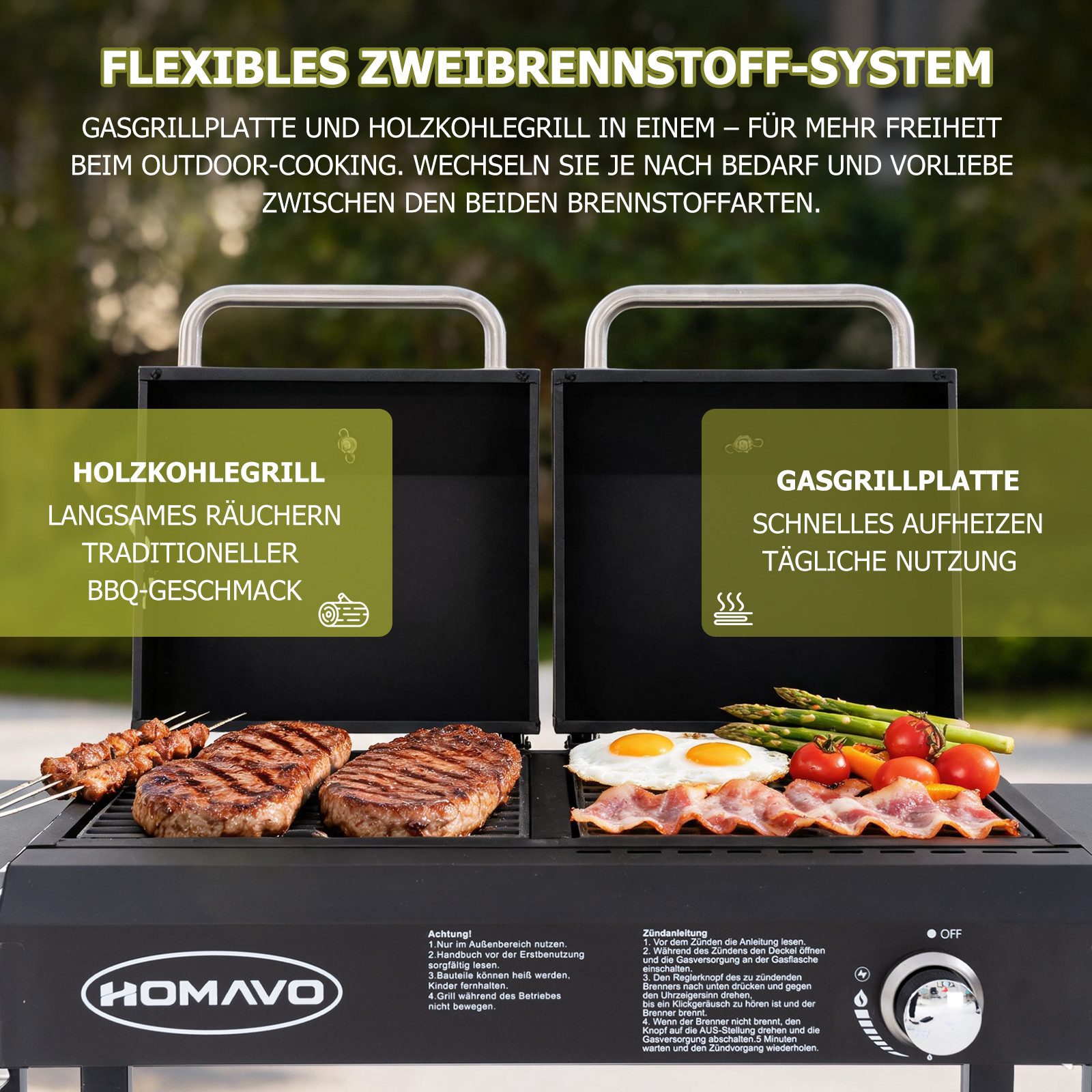 HOMAVO Gasgrill 2-in-1 Gas- & Holzkohlegrill, BxTxH: 130×43×92,8 cm, inkl. Flaschenöffner + Haken + Montagewerkzeugsatz