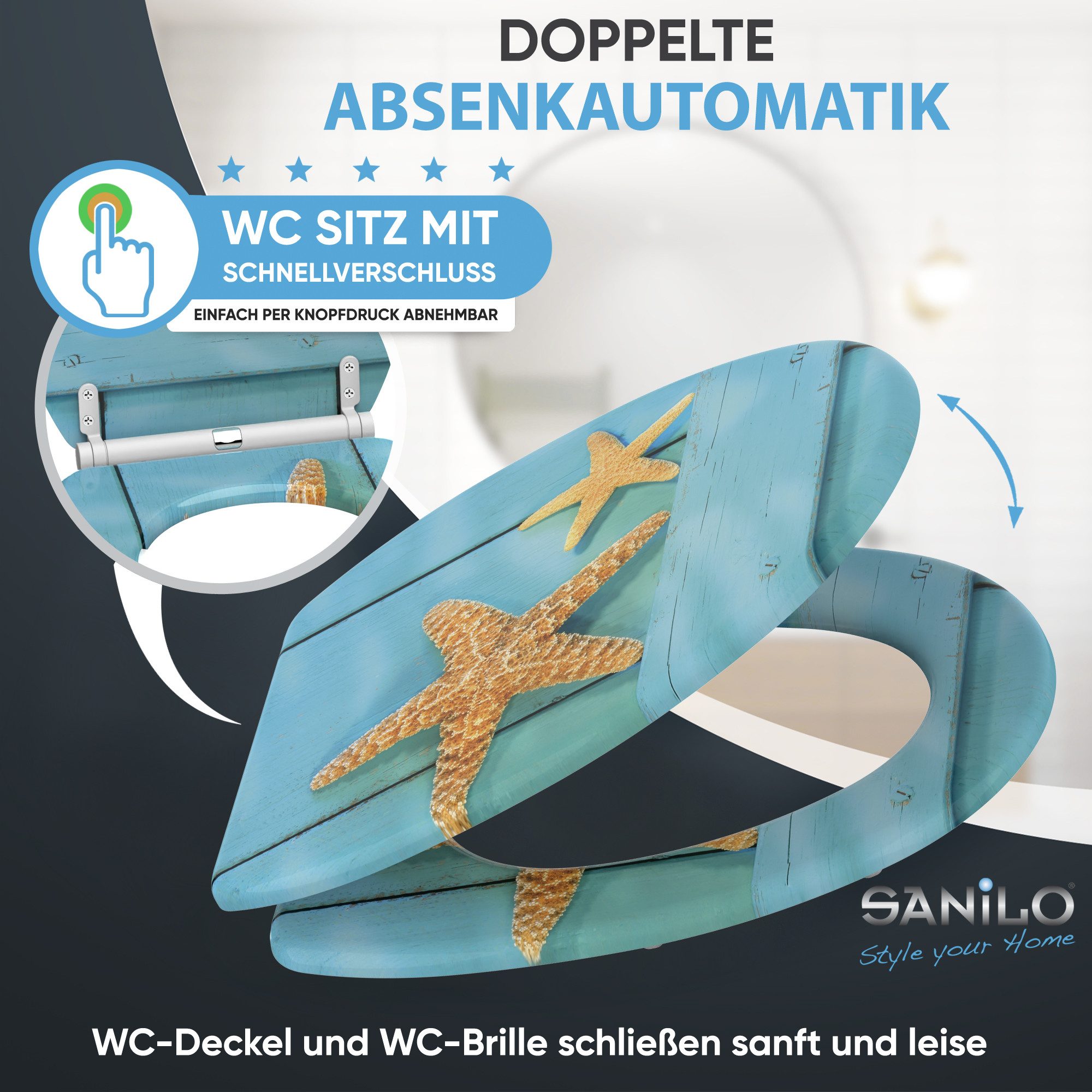 Sanilo WC-Sitz Starfish mit Absenkautomatik & Quick Release, mit Absenkautomatik, hochwertig & modern, universell, leichte Montage