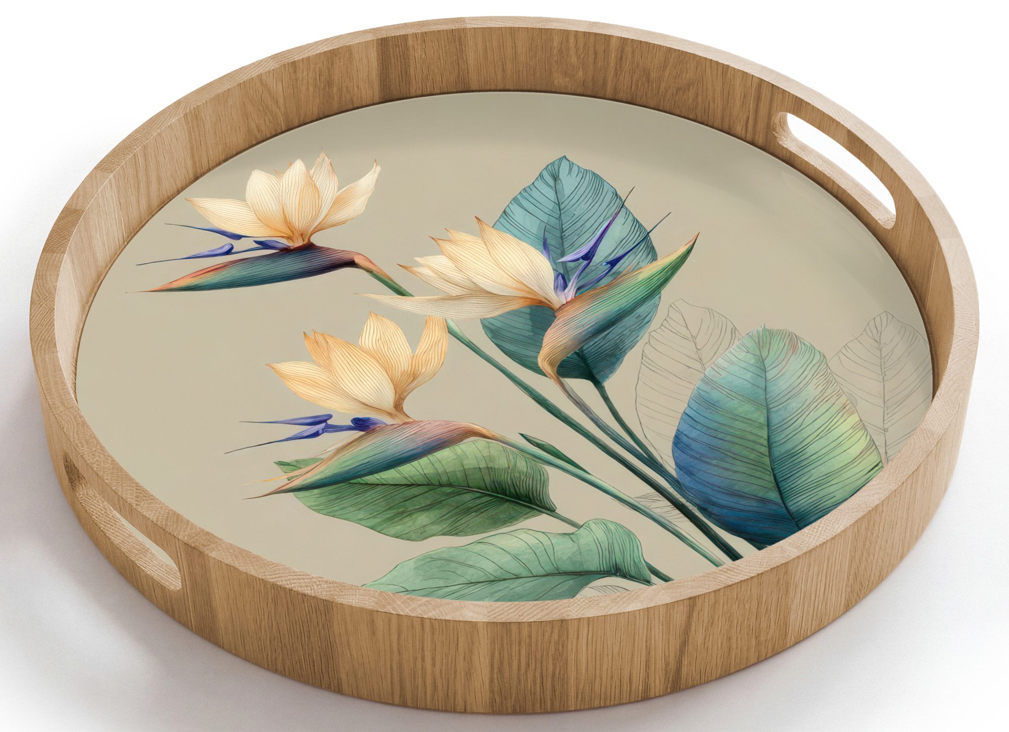 OnlyWow Tablett Rund mit Henkel Paradiesvogelblüten - Blaugrüne Blätter - Beige, Eichenholz, (1-tlg), Siervierplatte, Tray, Frühstücksbrett