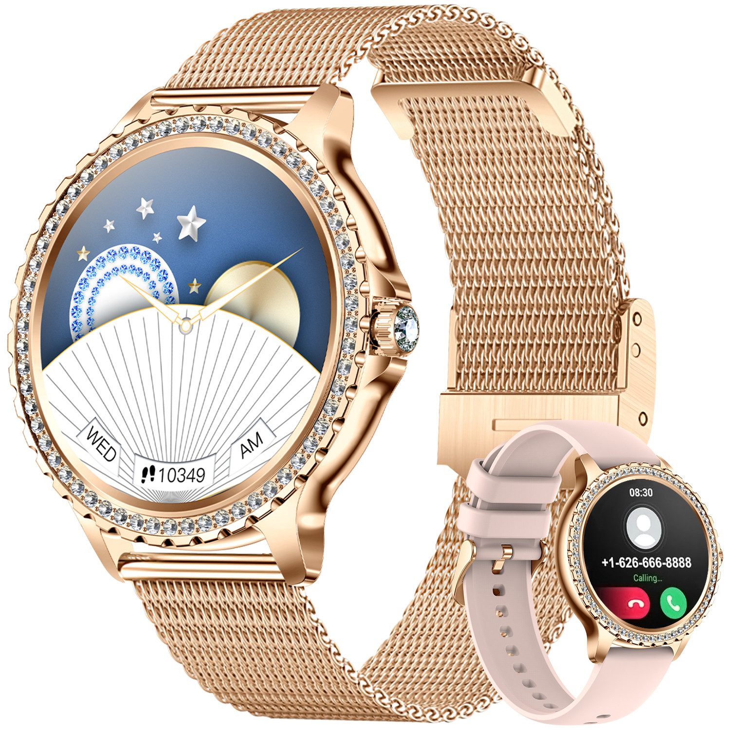 MOPUEA Smartwatch Damen mit Telefonfunktion 1.3" Diamant Fitnessuhr Damen Smartwatch Set, 1-tlg., Über 20 Sportmodi und individuell anpassbare Zifferblätter, 1,3-Zoll-HD-Touchscreen mit 360 × 360 Pixeln