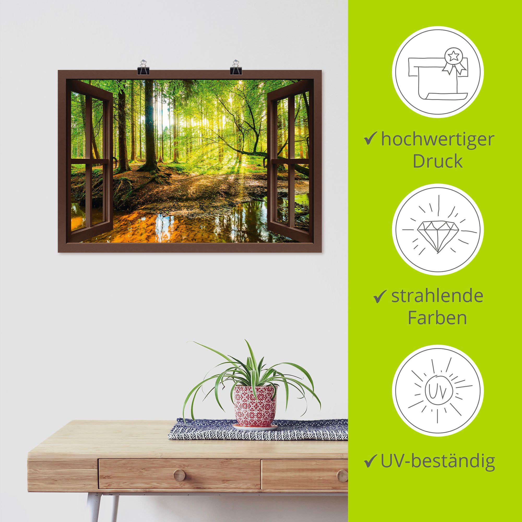 Artland Wandbild Fensterblick - Wald mit Bach, Wald (1 St), als Leinwandbild, Poster, Wandaufkleber in verschied. Größen
