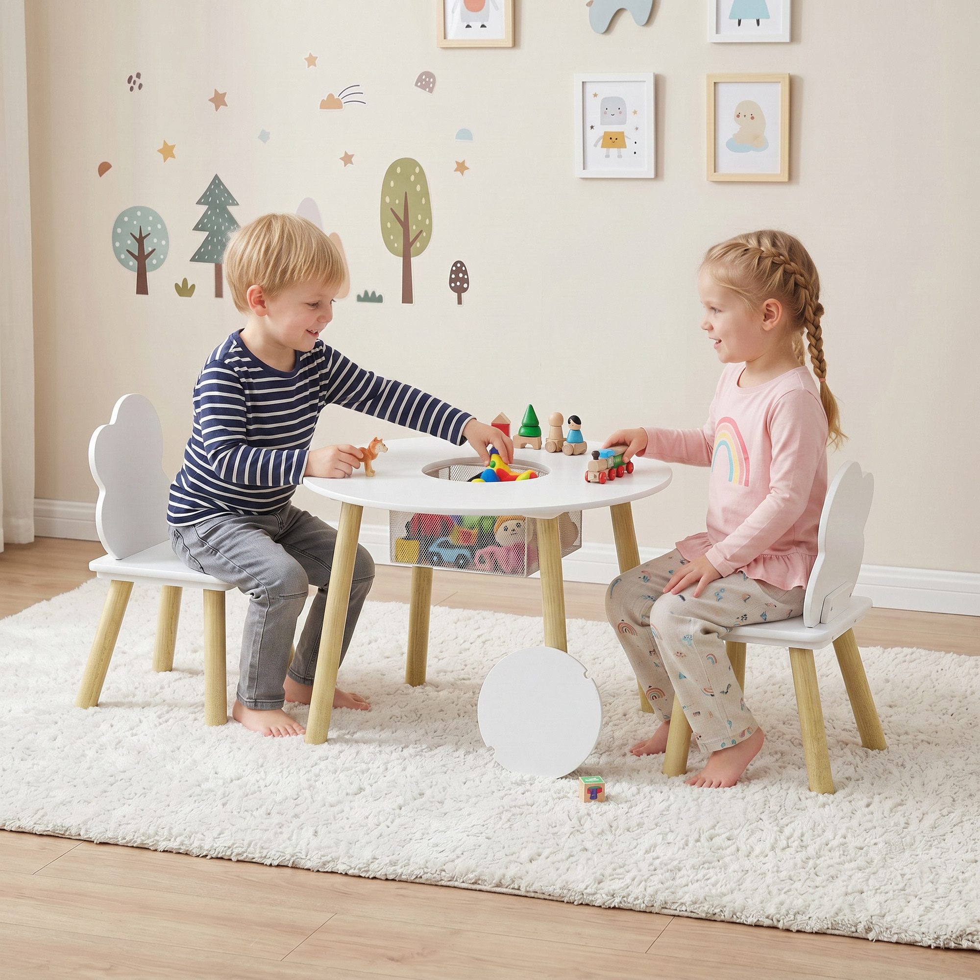 AIYAPLAY Kindersitzgruppe Kindertisch mit Aufbewahrungsnetz, Wolken-Design, Tisch Stuhl Set, (mit Holzbeinen, 3-tlg., 1 Tisch, 2 Stühle), für Kinderzimmer, für  – Bild 2 von 5