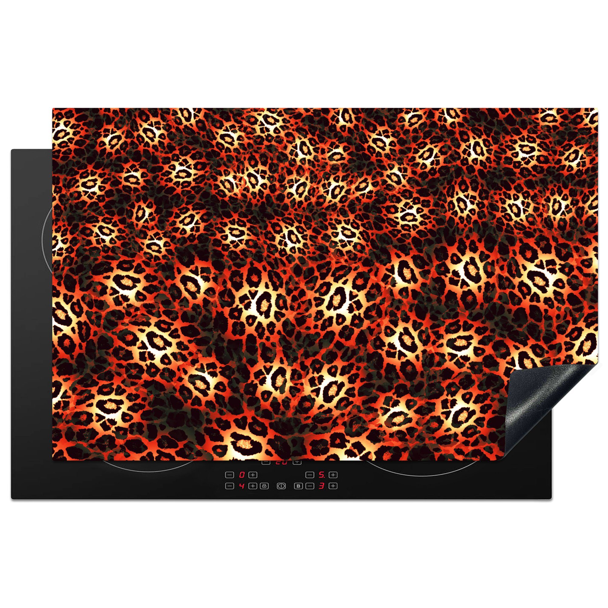 MuchoWow Herdblende-/Abdeckplatte Leopardenmuster - Design - Orange, Vinyl, (1 tlg), 81x52 cm, Induktionskochfeld Schutz für die küche, Ceranfeldabdeckung