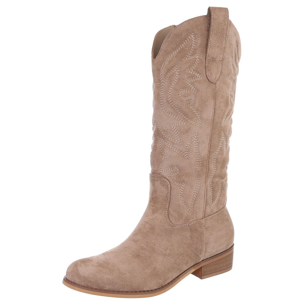 Ital-Design Damen Cowboyboots mit Blockabsatz und Ziernähten Westernstiefel (92299882) Blockabsatz Flache Stiefel in Hellbraun