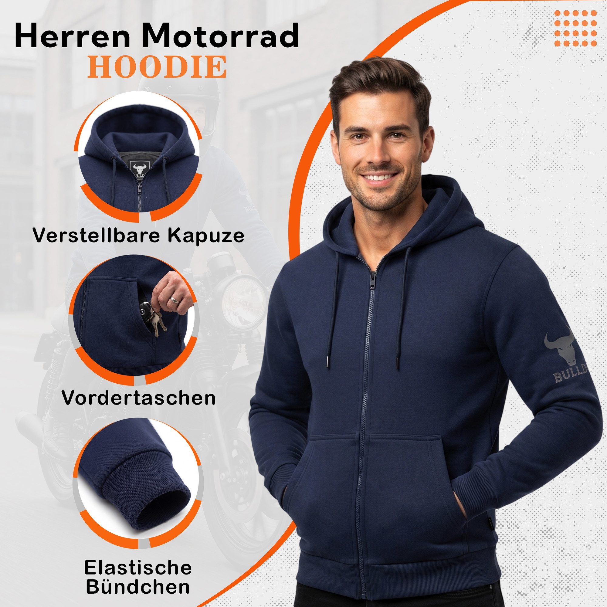 BULLDT Motorradjacke BLD1301 Hoodie (Spar-Set, mit Protektoren) Motorrad Hoodie Herren komplette Beschichtung mit Aramidfasern