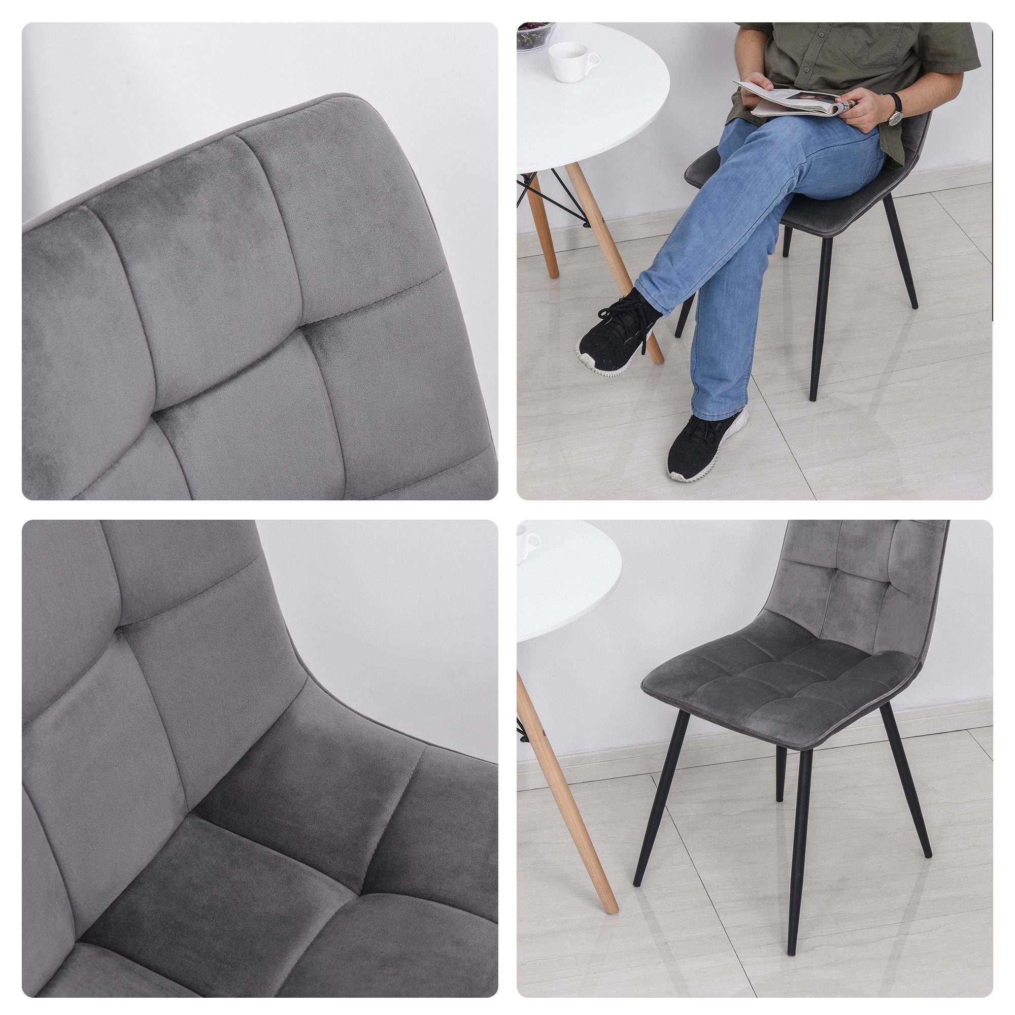 HOMCOM Esszimmerstuhl Küchenstuhl mit Samt-Optik (Polsterstuhl, 2 St), Metall Grau+Schwarz 45 x 63 x 90 cm