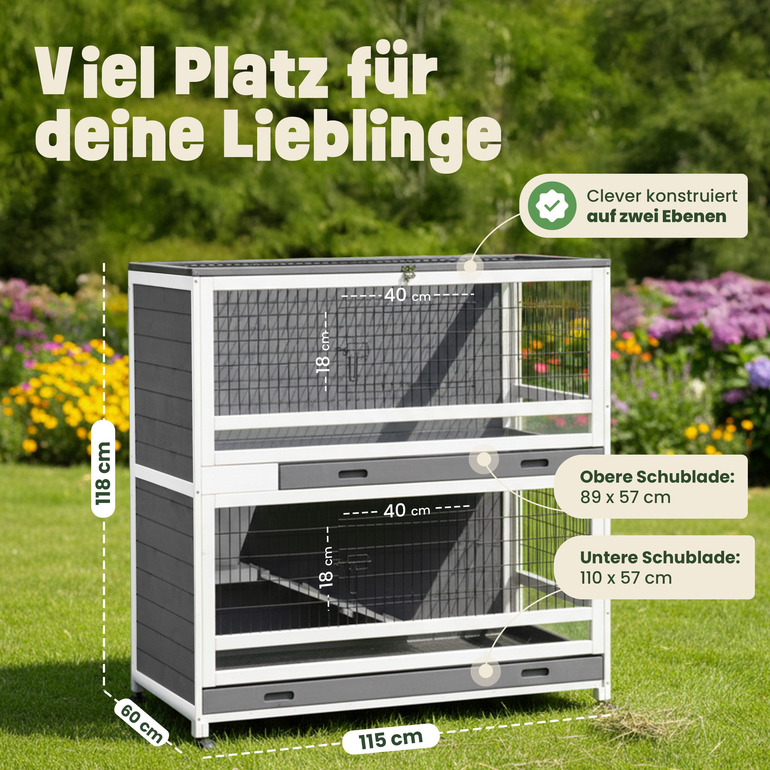 Zooprinz Kleintierstall Kaninchenstall Hasenstall Oskar, Auf 4 Rollen, Winterfest, Wetterfest, Kotschublade