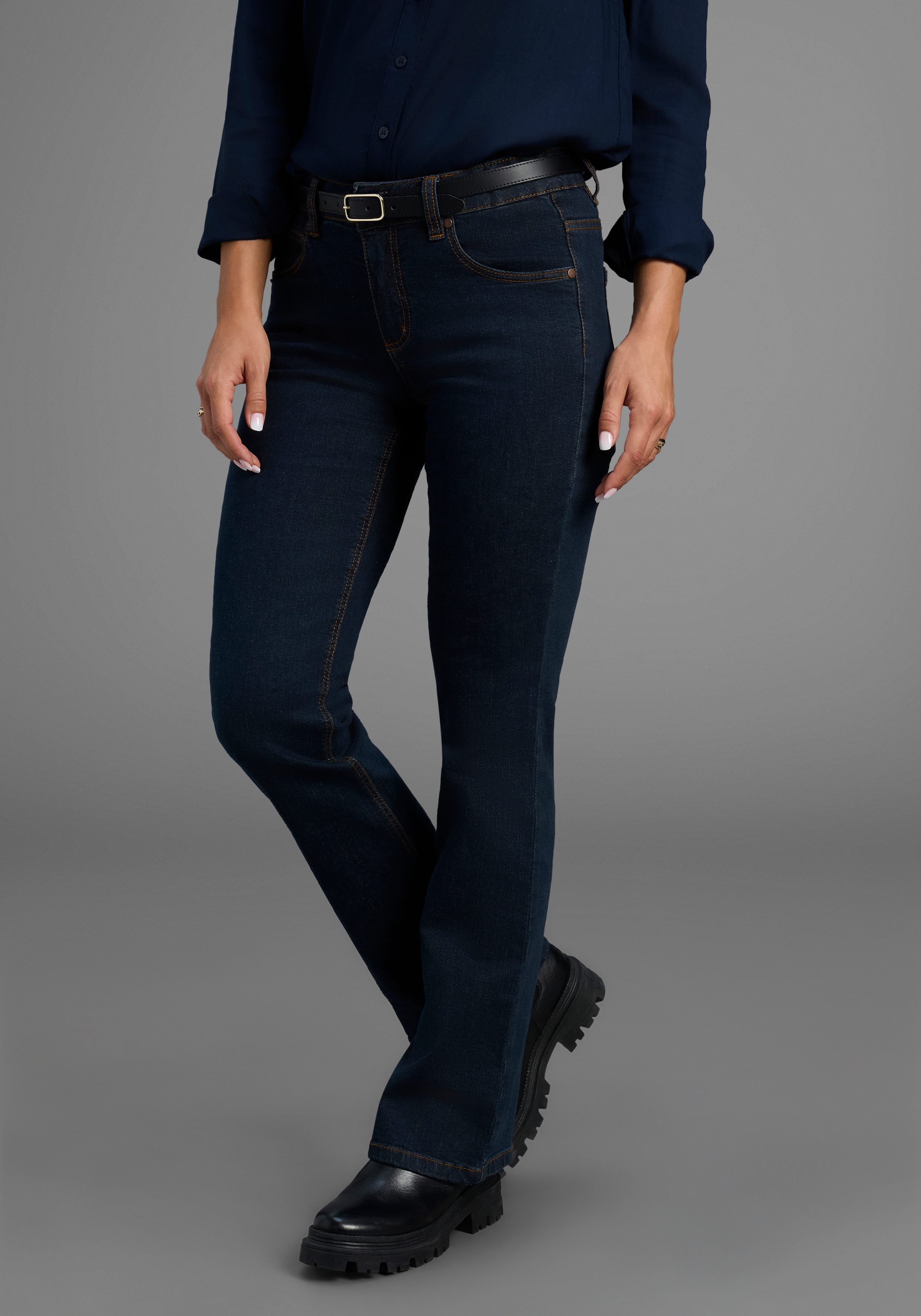 Arizona Bootcut-Jeans Bund mit seitlichem Gummizugeinsatz hohe Leibhöhe, Bootcut, mit Stretch, klassischer 5-Pocket-Style