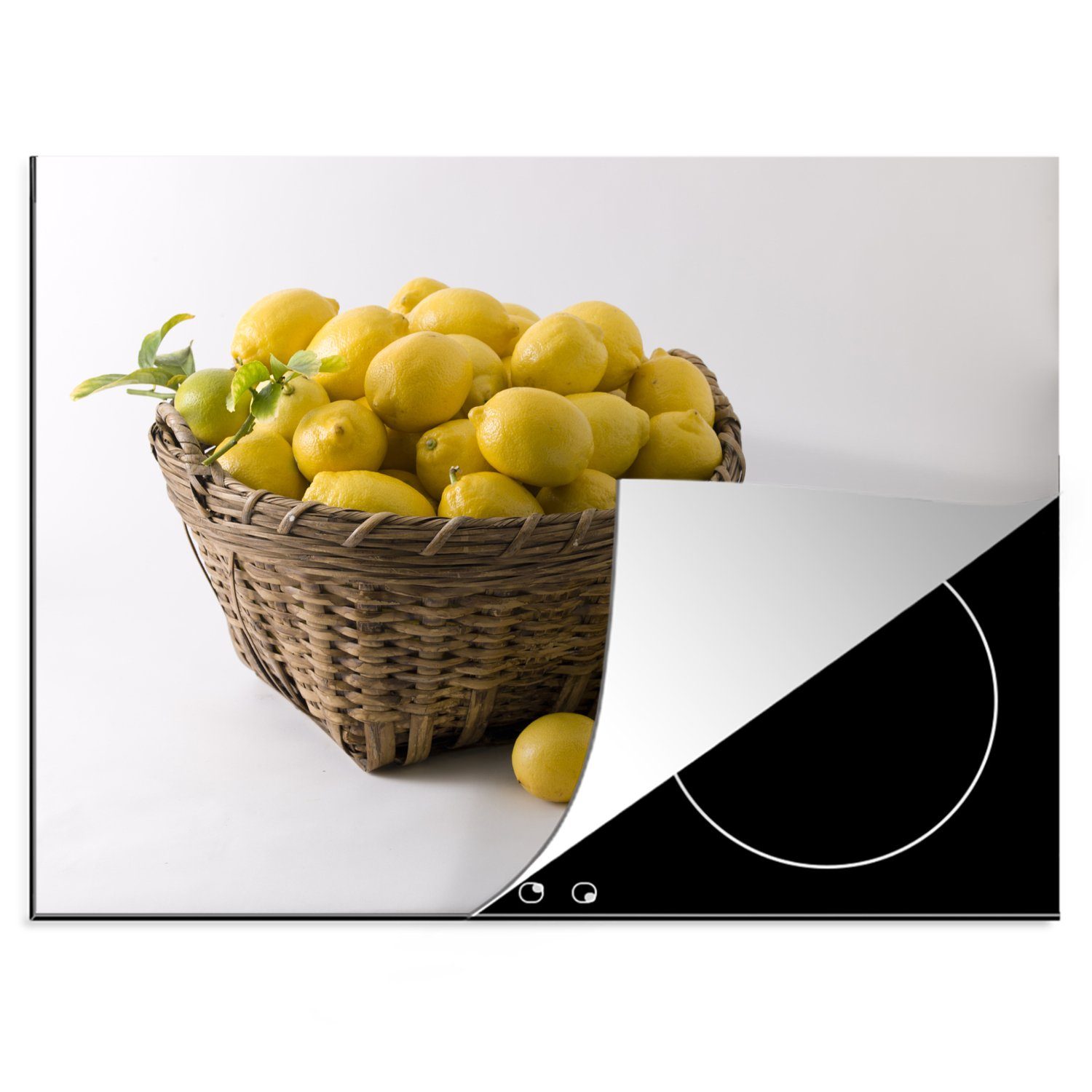 MuchoWow Herdblende-/Abdeckplatte Die Zitronen kommen aus einem authentischen Korb, Vinyl, (1 tlg), 70x52 cm, Mobile Arbeitsfläche nutzbar, Ceranfeldabdeckung