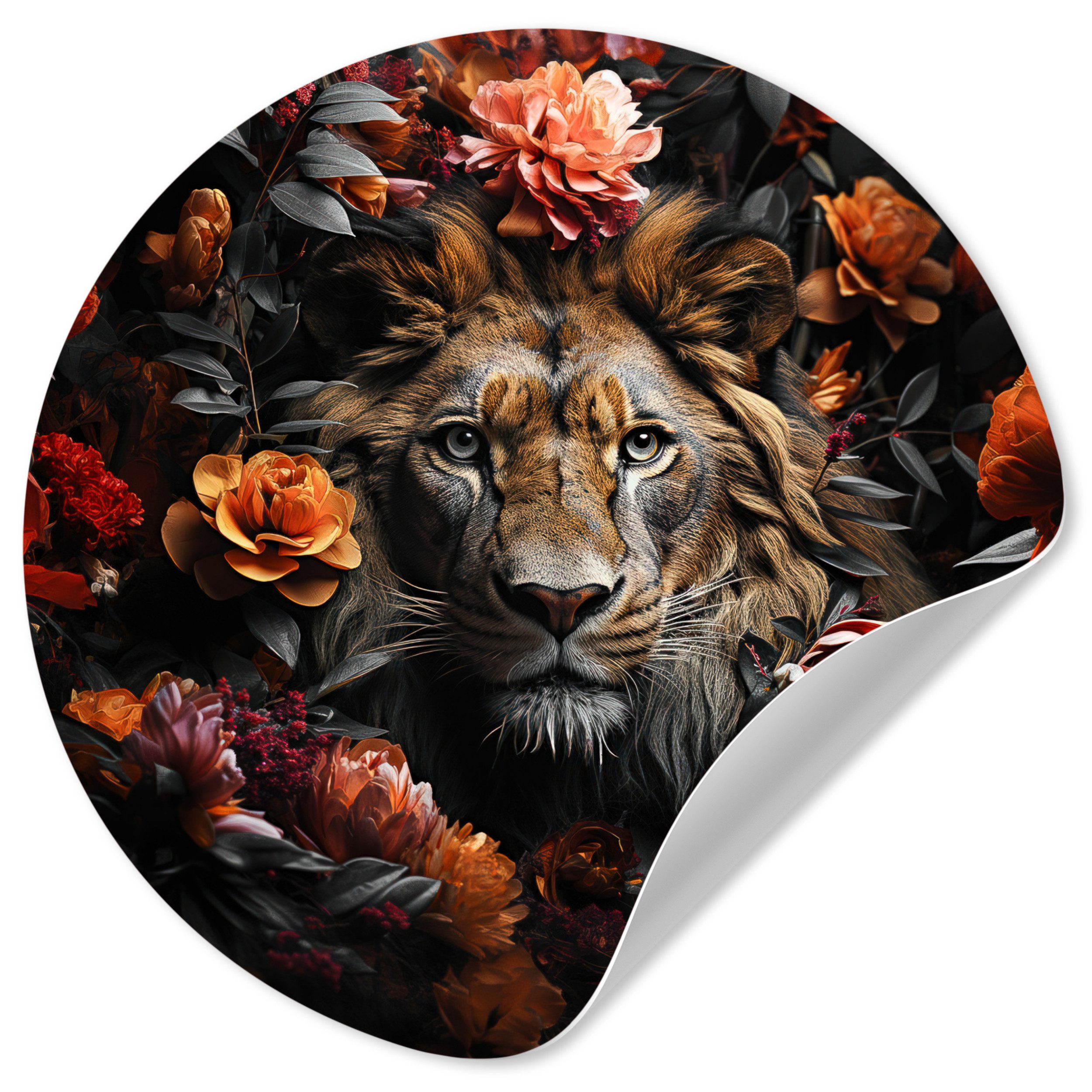 MuchoWow Wandsticker Löwe - Tier - Natur - Floral - Botanisch (1 St), Wandtattoo Selbstklebend, Wohnzimmer Deko Aufkleber, 30x30 cm