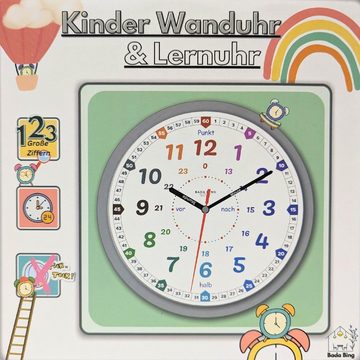 Bada Bing Wanduhr Lernuhr für Kinder 25cm Ø Uhr zum Lernen der Uhrzeit Kinderuhr (Lautlos ohne Ticken, inkl. Lernblatt)