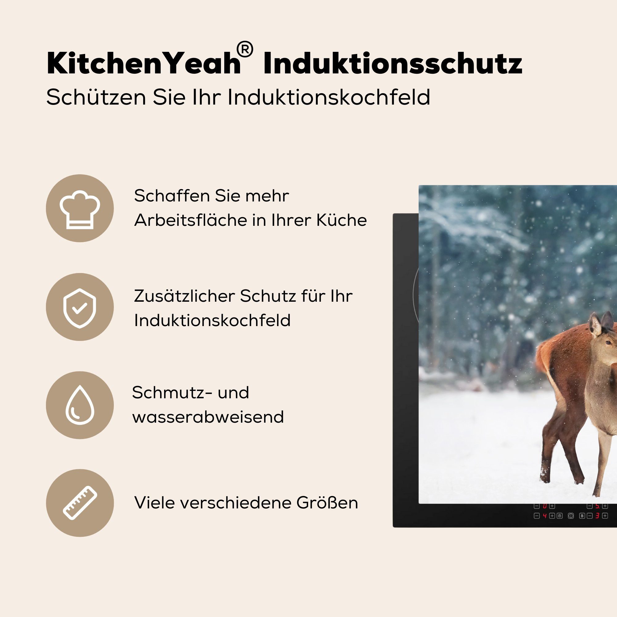 Wald (1 Schutz - Ceranfeldabdeckung Induktionskochfeld Herdblende-/Abdeckplatte für - Hirsche Vinyl, MuchoWow Schnee, 81x52 cm, tlg), die küche,
