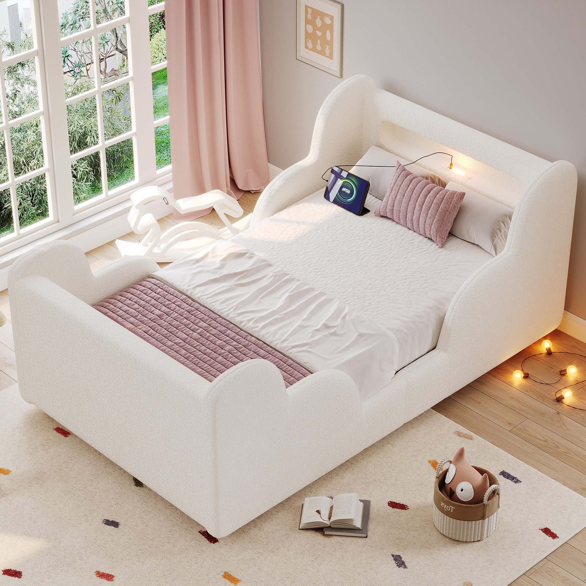 Flieks Polsterbett, Kinderbett 90x200cm mit Schutzgeländer, Nachtlicht, USB-Ladeanschluss