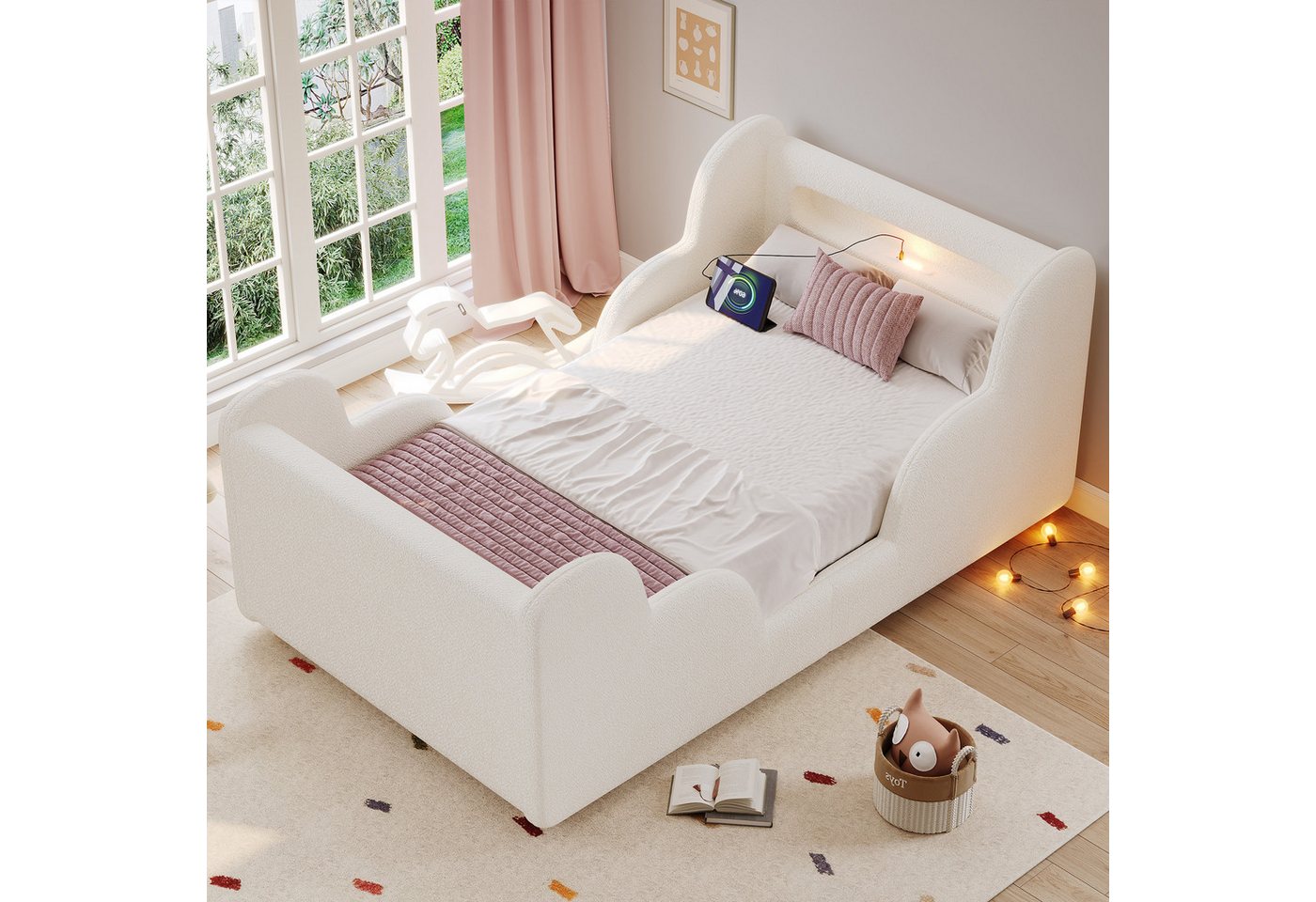 Flieks Polsterbett, Kinderbett 90x200cm mit Schutzgeländer, Nachtlicht, USB-Ladeanschluss