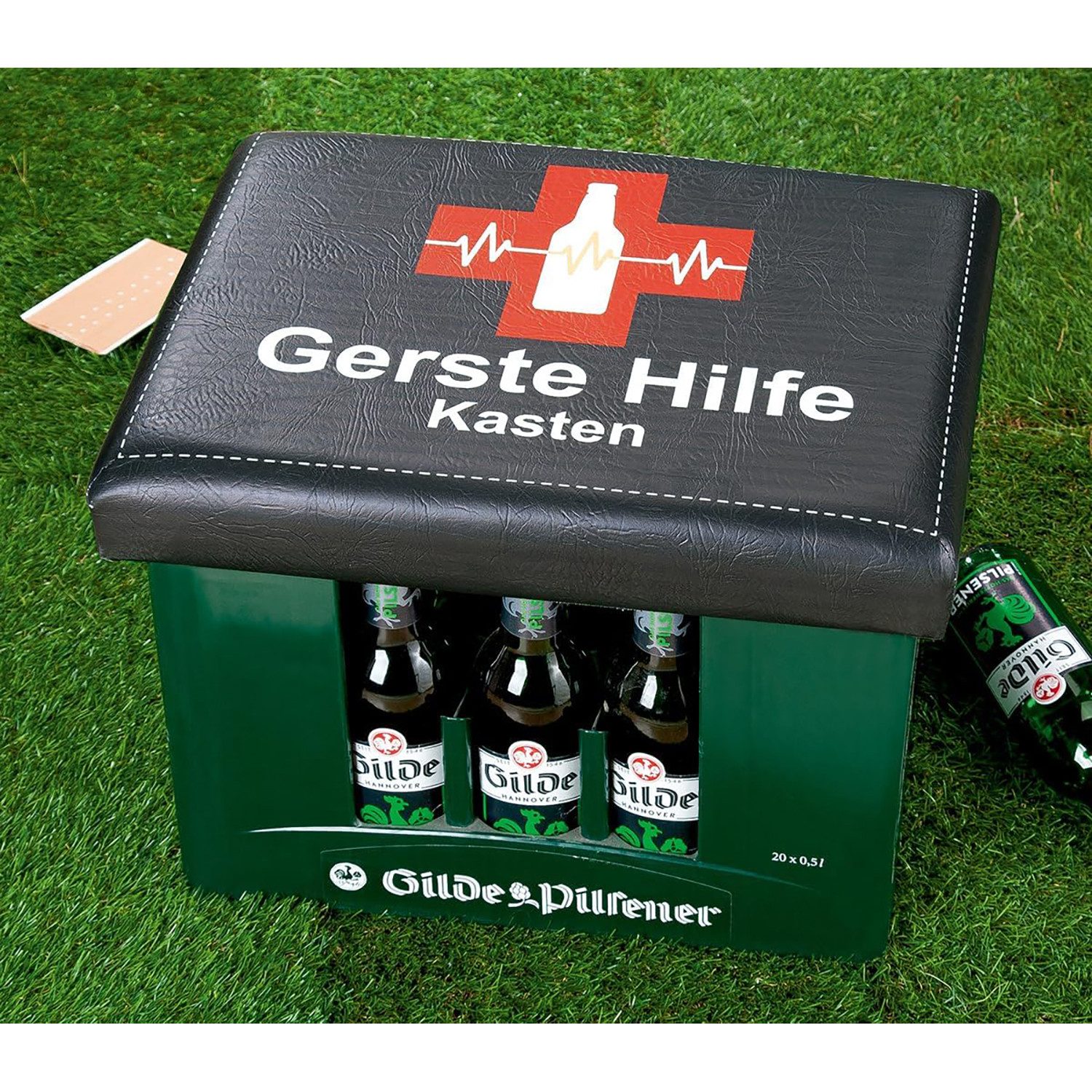 Cult at Home Hocker GERSTE HILFE - Sitzauflage + Bierdeckel Memospiel - für Bierkiste (1xSitzauflage für Bierkiste, Auflage - Bierkasten), Bierkiste Bierkasten  – Bild 5 von 5
