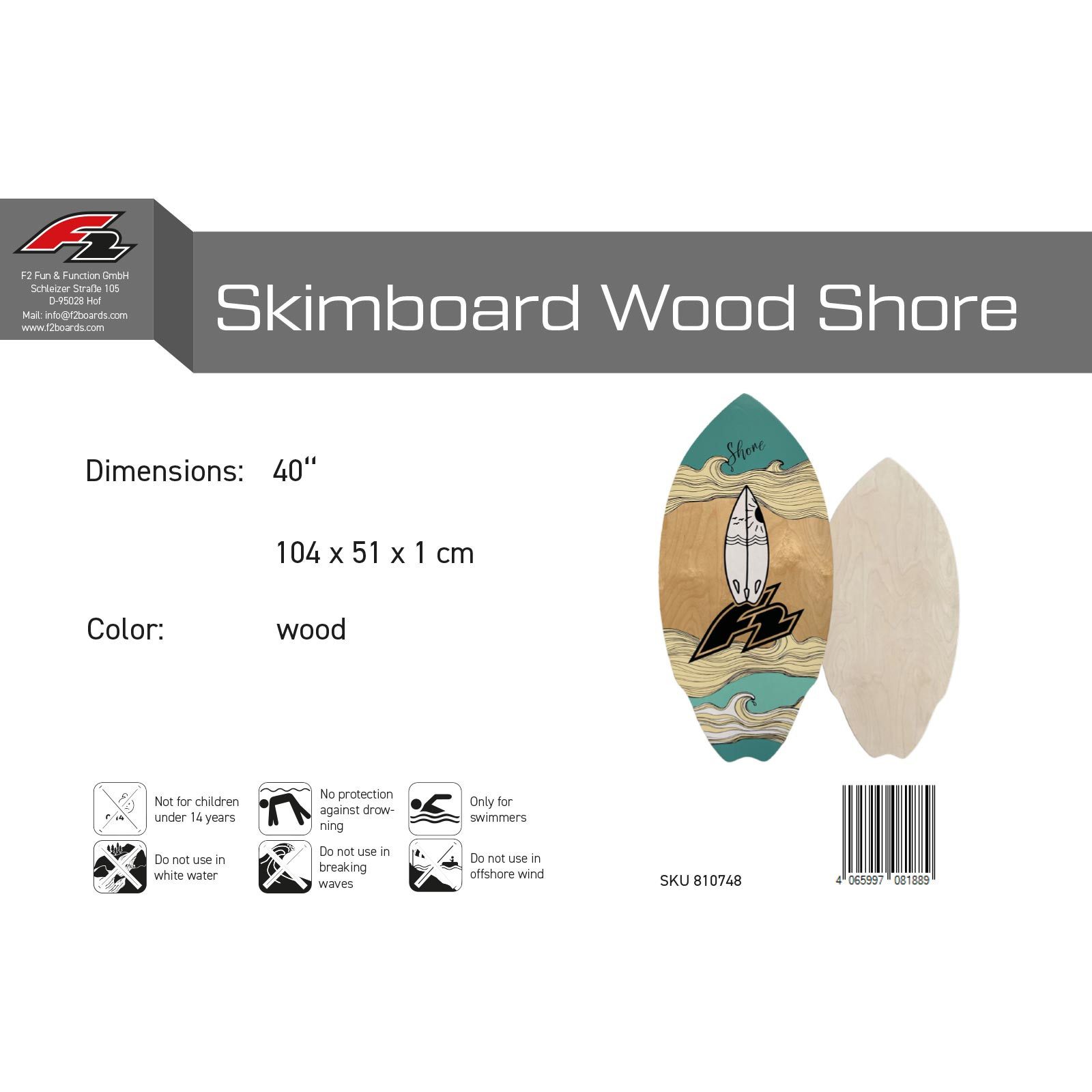 F2 Wellenreiter F2 Skim Board Wood Shore Surfbrett 40" Holz 2025/26
