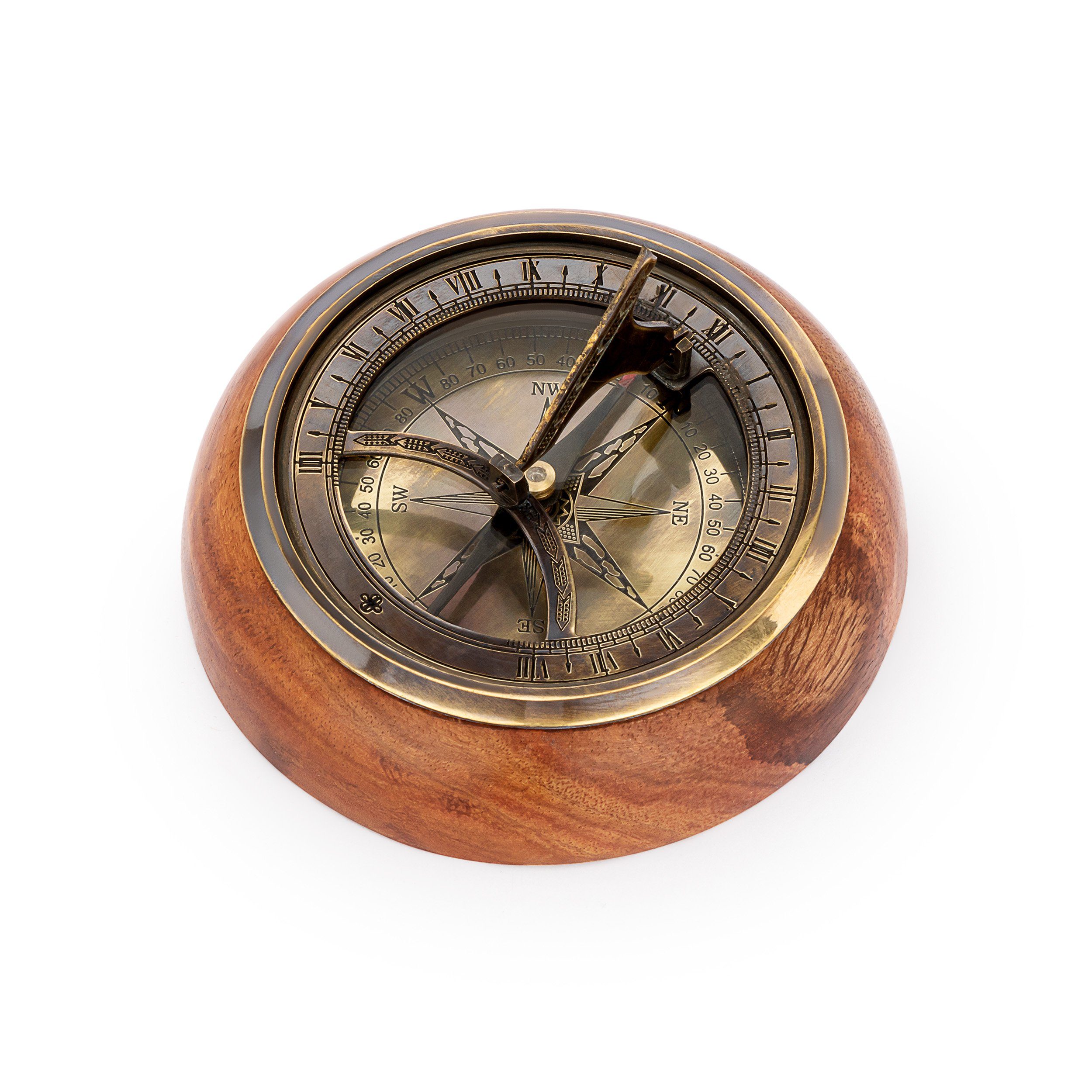 Sonnenuhr-Kompass antik auf Holzsockel Tischuhr Taschenkompass Messing aus 11cm NKlaus