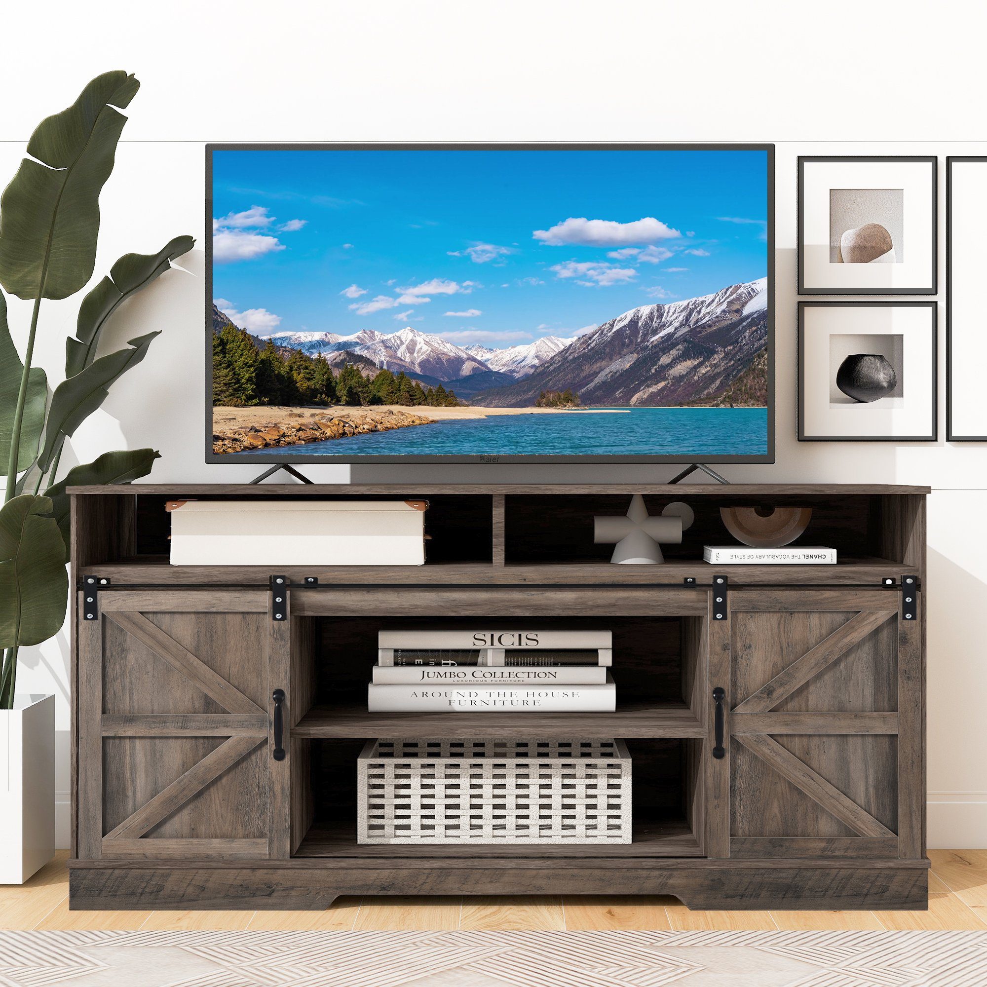 Sideboard 2 Celya Waschgrau mit Schiebetüren 150x40x81,5CM, klassischen rustikales TV-Schrank