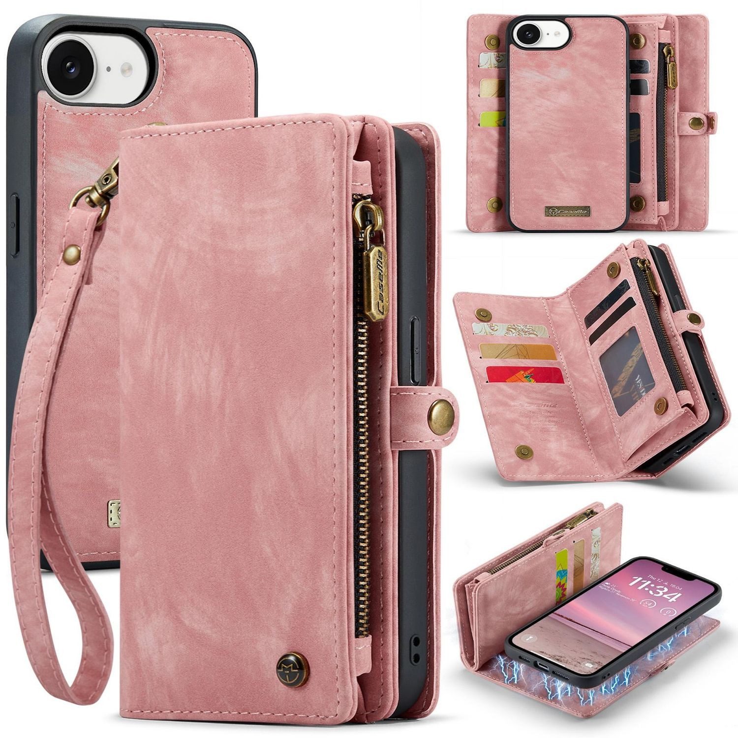 CaseMe Handyhülle Für Apple iPhone 16e Kunstleder Multifunktion Zipper Tasche Hülle Pink, Kunstleder Schutz Tasche Smart Case Multifunktion