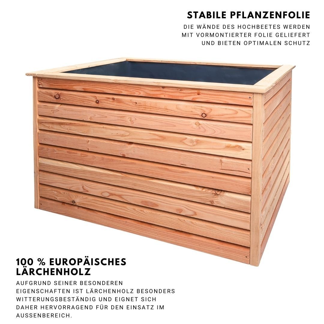 Mega-Holz Hochbeet Mega-Holz Hochbeet Rhombus L aus Lärchenholz, 120 x 80 x 73 cm, Holz Blumenbeet für den Garten inkl. Pflanzfolie