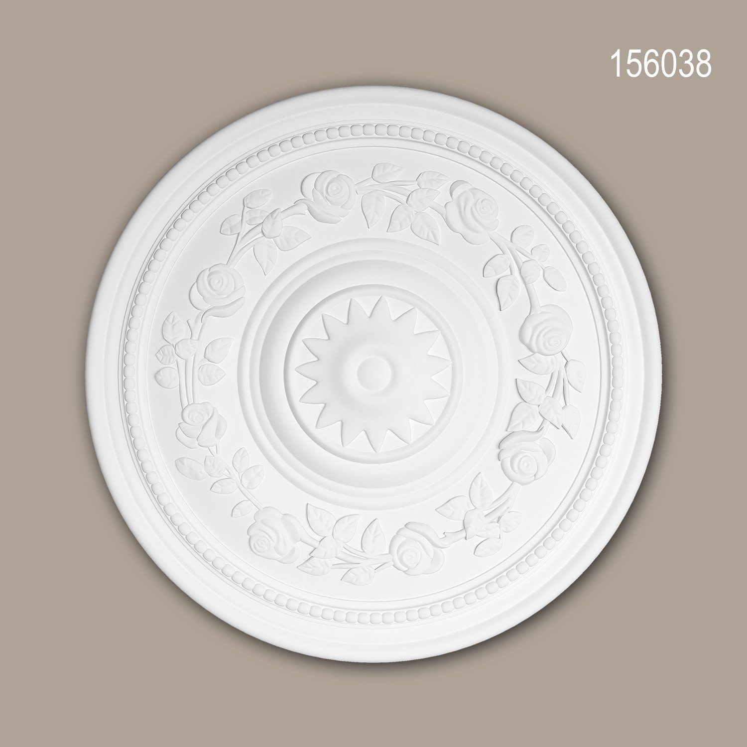 Profhome Decken-Rosette 156038 (Rosette, 1 St., Deckenrosette, Medallion, Stuckrosette, Deckenelement, Zierelement, Durchmesser 40 cm), weiß, vorgrundiert, Stil: Rokoko / Barock
