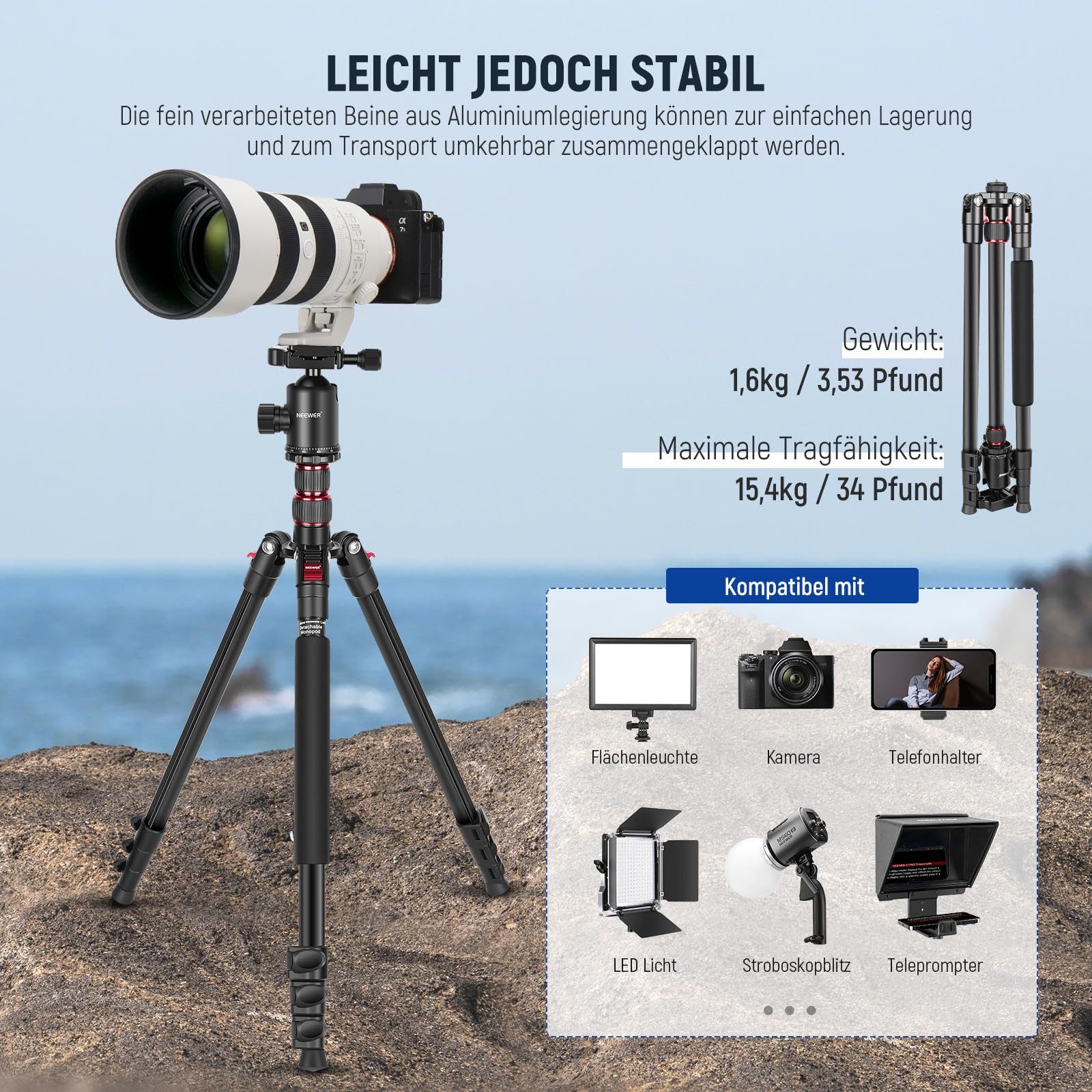 Neewer TP77 Einbeinstativ 197 cm, Aluminium, mit 360° Panorama Kugelkopf Kamerastativ (2 Achsen Mittelsäule, Arca Schnellwechselplatte, für DSLR Smartphone)