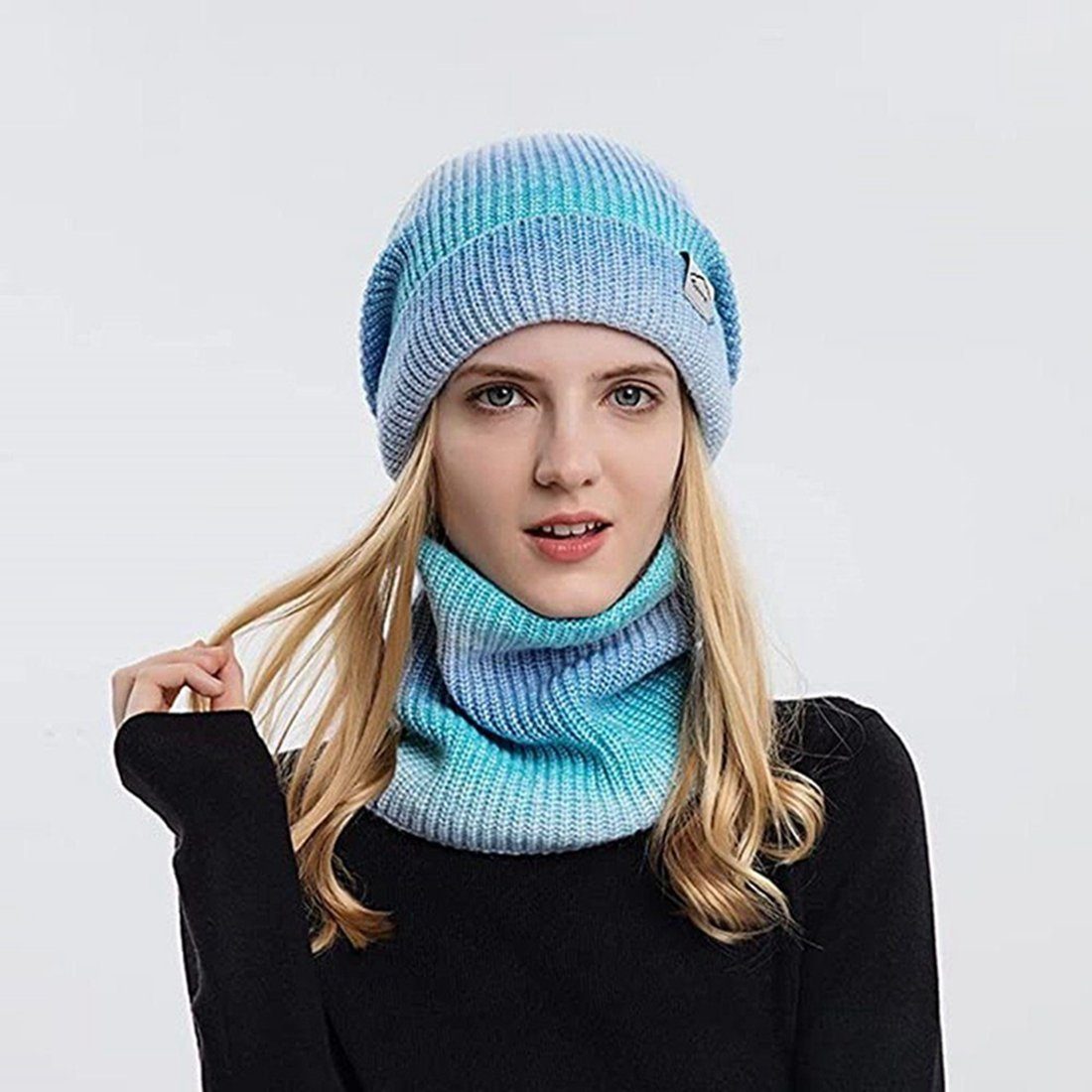 Strickmütze Schal Mütze blau warme Farbverlauf kalter & DAYUT Herbst und Schal Winter (1-tlg)