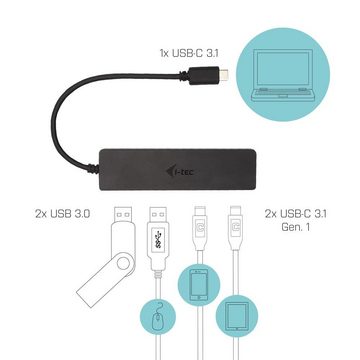 I-TEC USB-Verteiler USB-C Metal HUB 2x USB 3.0 + 2x USB-C, Schwarz mit integriertem USB-C-Kabel