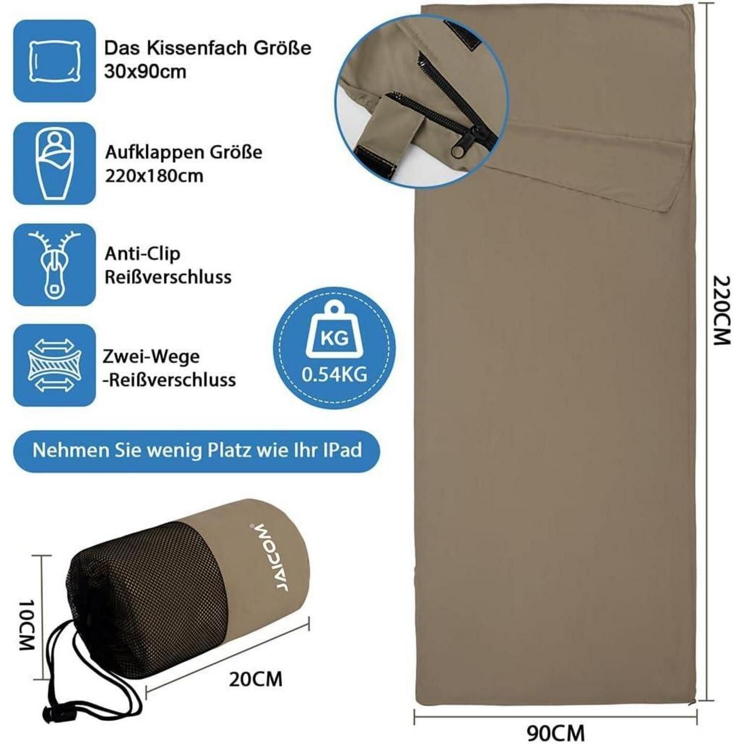 LuxusKollektion Schlafsackinlett Hüttenschlafsack Ultraleicht Seide 2in1 Mikrofaser Rucksackreise Khaki