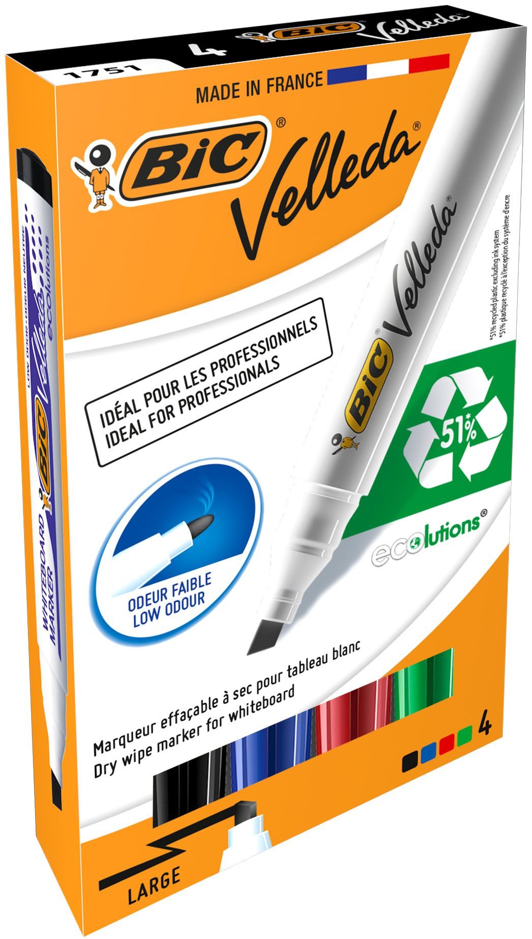 BIC Whiteboard Marker Velleda® - 1701 ECOlutions®, ca. 3,7 - 5,5 mm, 4er Etui