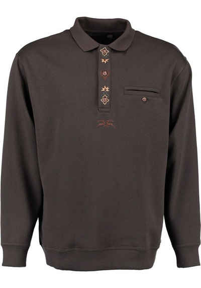 OS-Trachten Sweatshirt Shuro Jagdsweatshirt mit Stickereien auf der Knopfleiste und Liegekragen