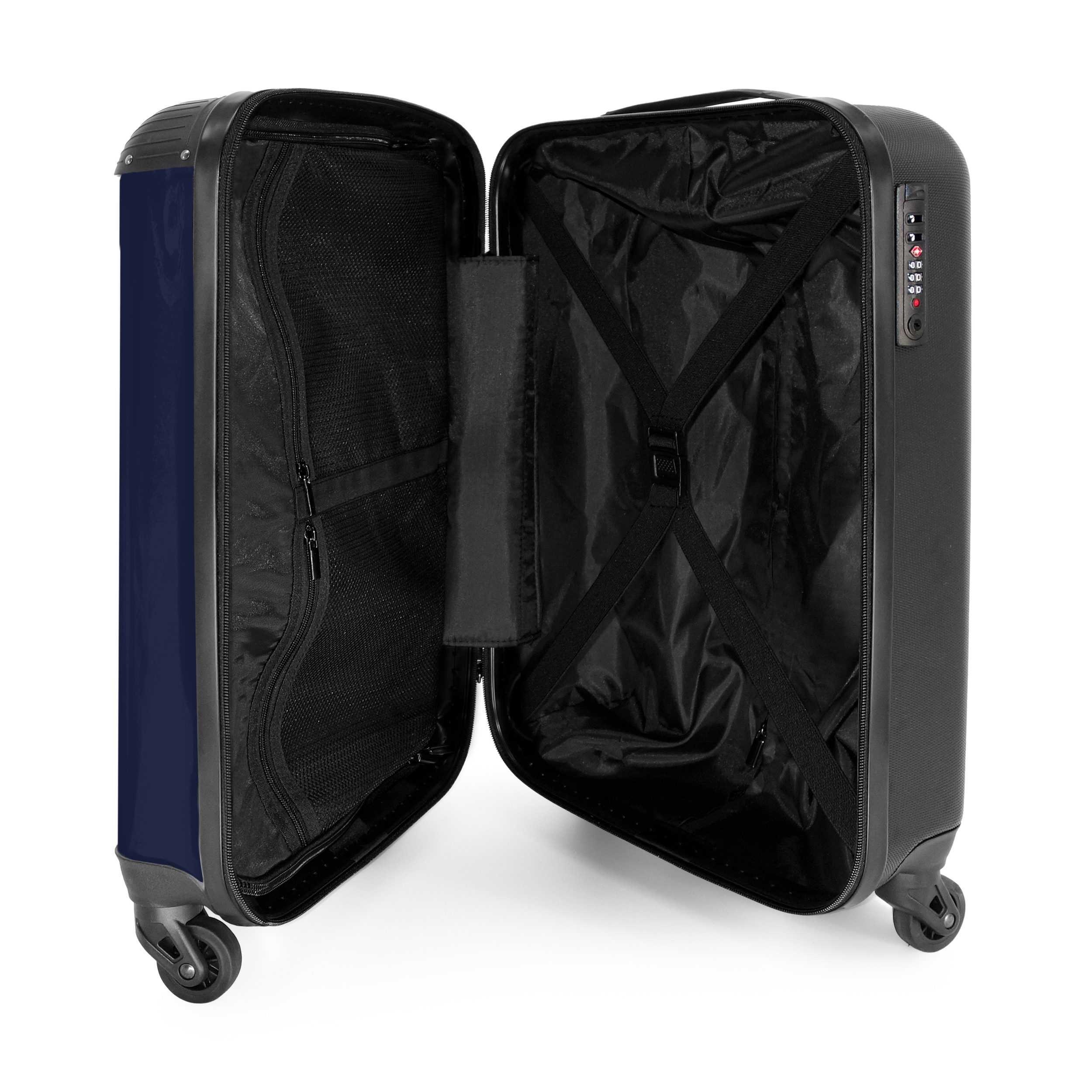 NoBoringSuitcases.com© Hartschalen-Trolley Dunkelblauer Hintergrund mit rotem und weißem Streifen und Text Taking, Reisekoffer mit 4 Rollen, Carry on luggage, M – Bild 4 von 5