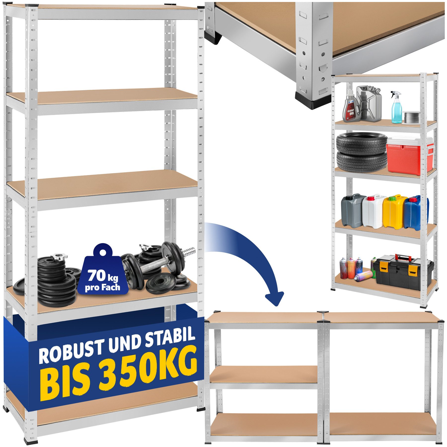 tectake Schwerlastregal Lastenregal in Varianten, verzinkter Stahl, schnell montiert, Lagergestell, belastbare höhenverstellbare MDF-Böden, runde Kanten, Kunststoffkappen
